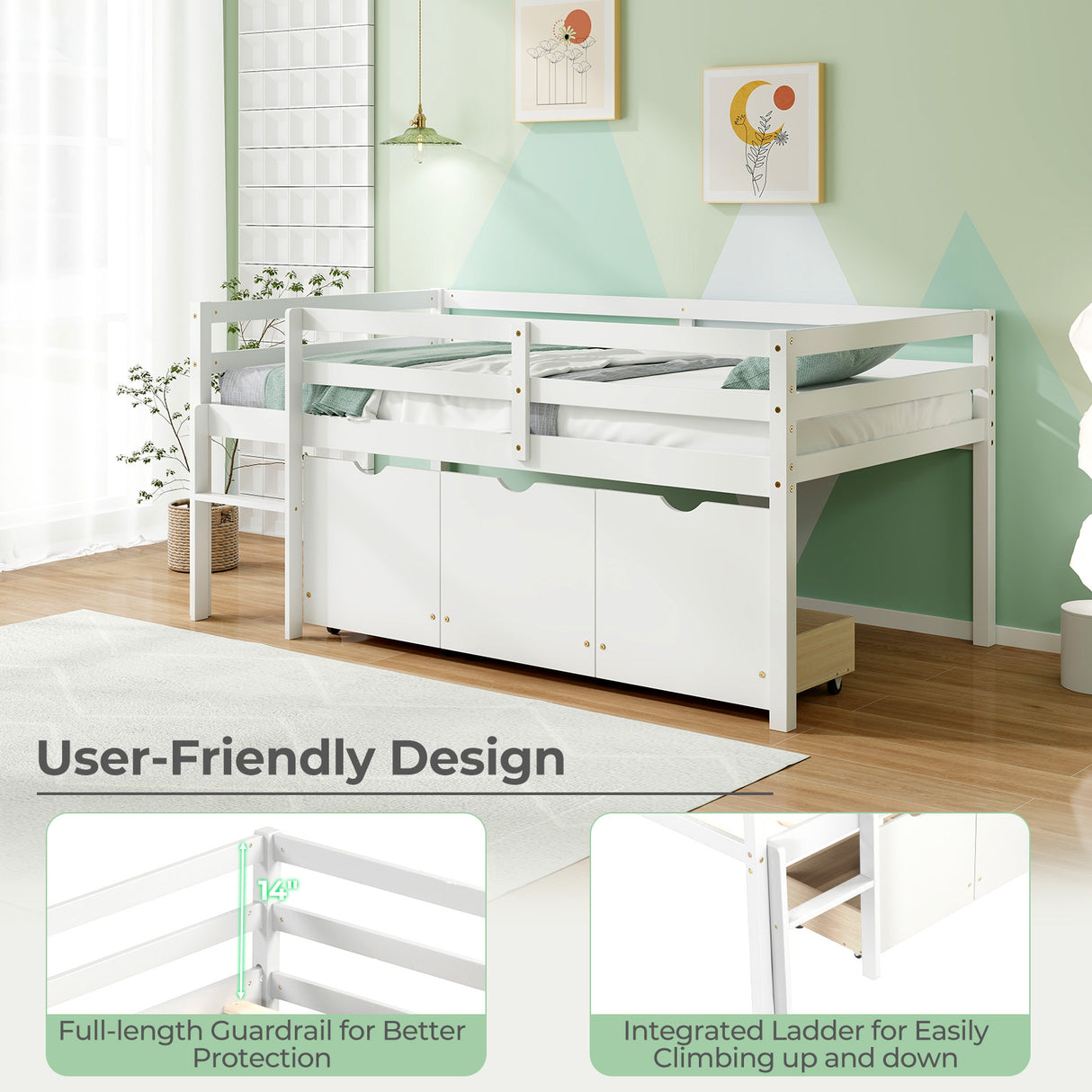Twin Size Low Loft Bed with 3 Drawers with Ladder and Full-length Guardrails