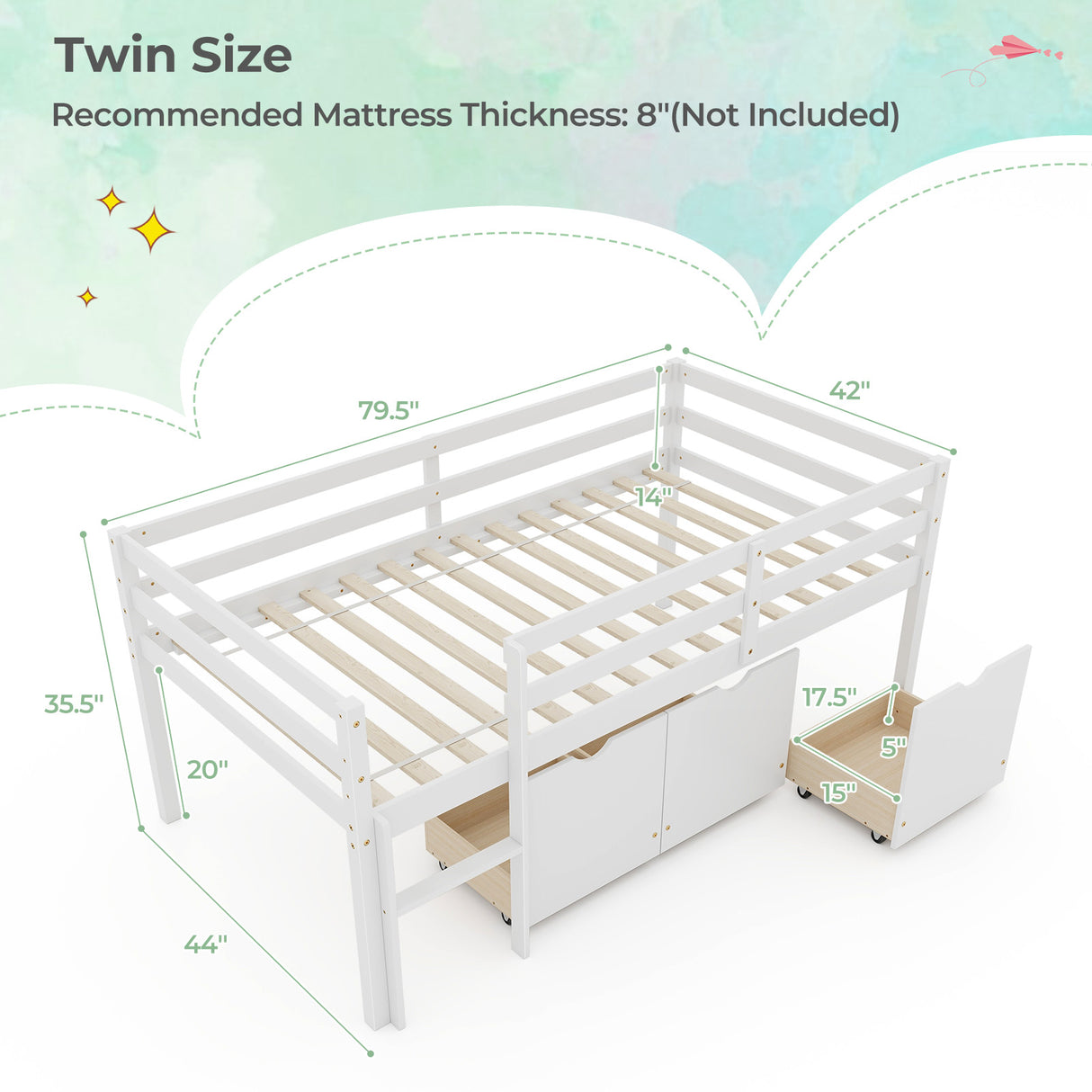 Twin Size Low Loft Bed with 3 Drawers with Ladder and Full-length Guardrails