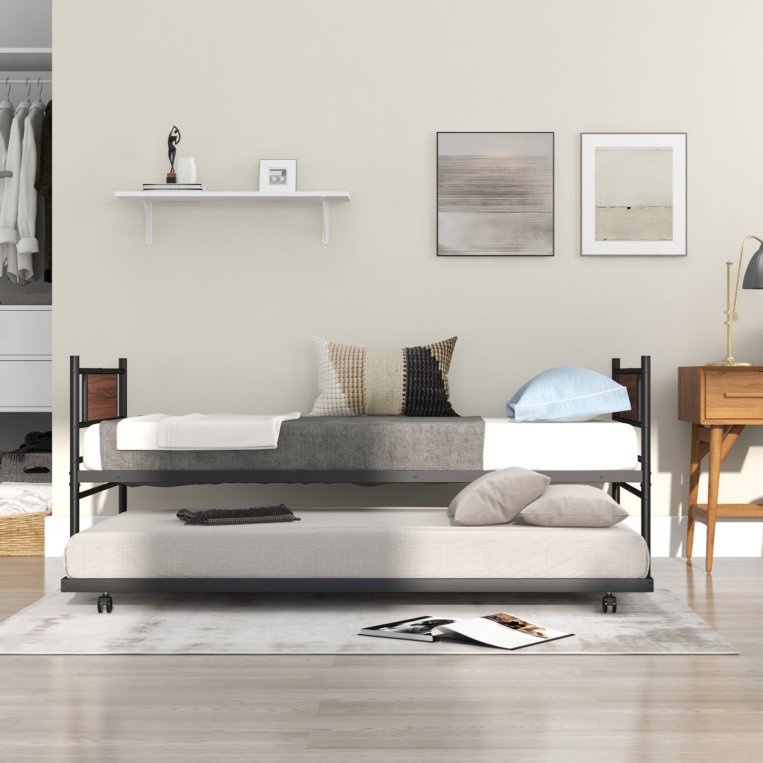 Twin Size Metal Daybed with Trundle and Wood Grain Headboard