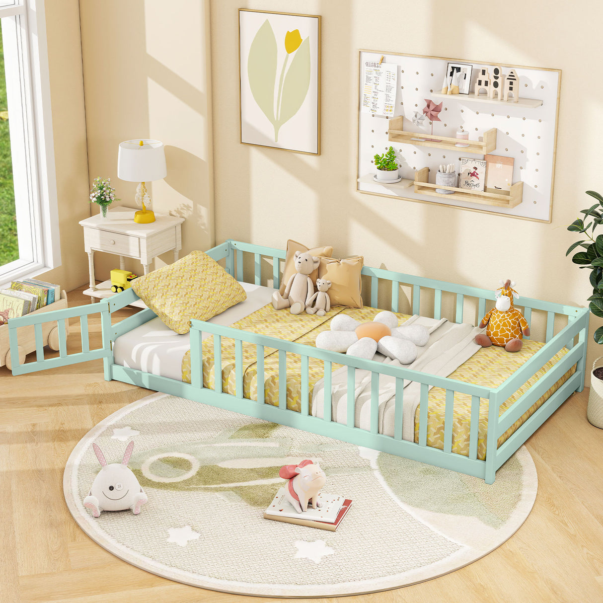Twin Size Kids Wood Montessori Floor Bed with Door and Fence