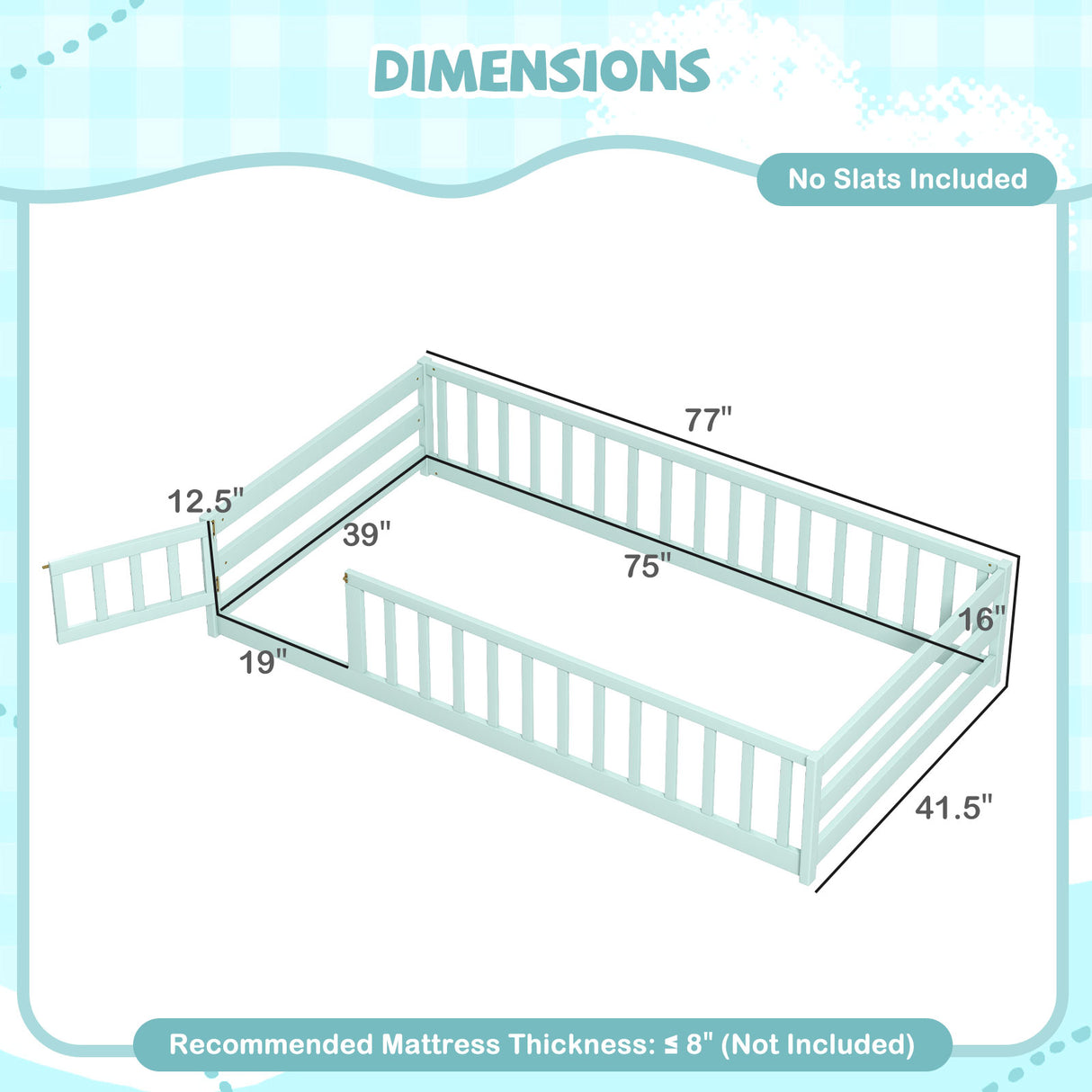Twin Size Kids Wood Montessori Floor Bed with Door and Fence
