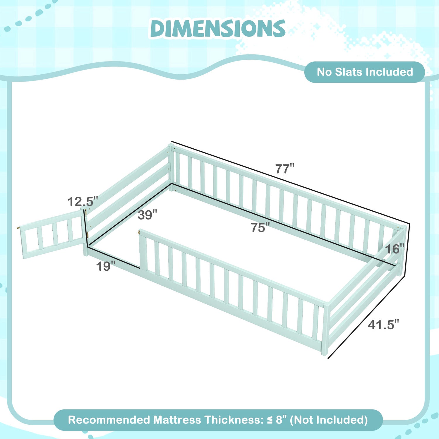 Twin Size Kids Wood Montessori Floor Bed with Door and Fence