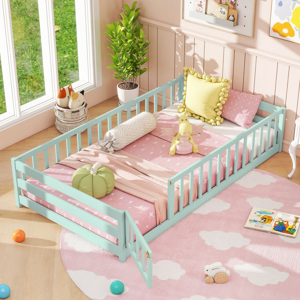 Twin Size Kids Wood Montessori Floor Bed with Door and Fence