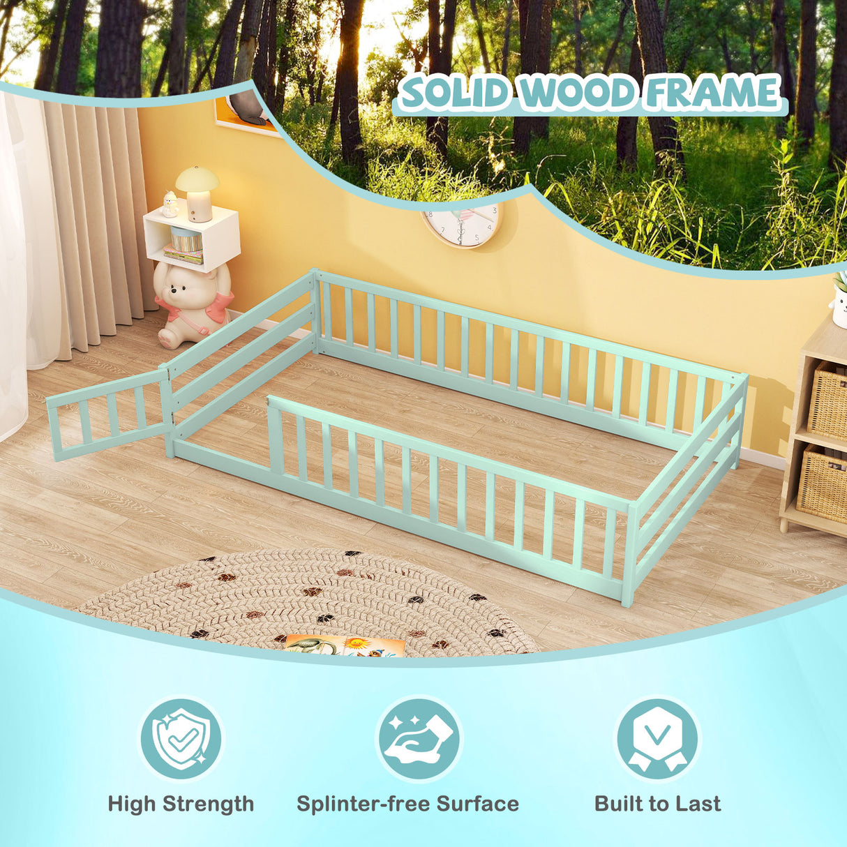 Twin Size Kids Wood Montessori Floor Bed with Door and Fence
