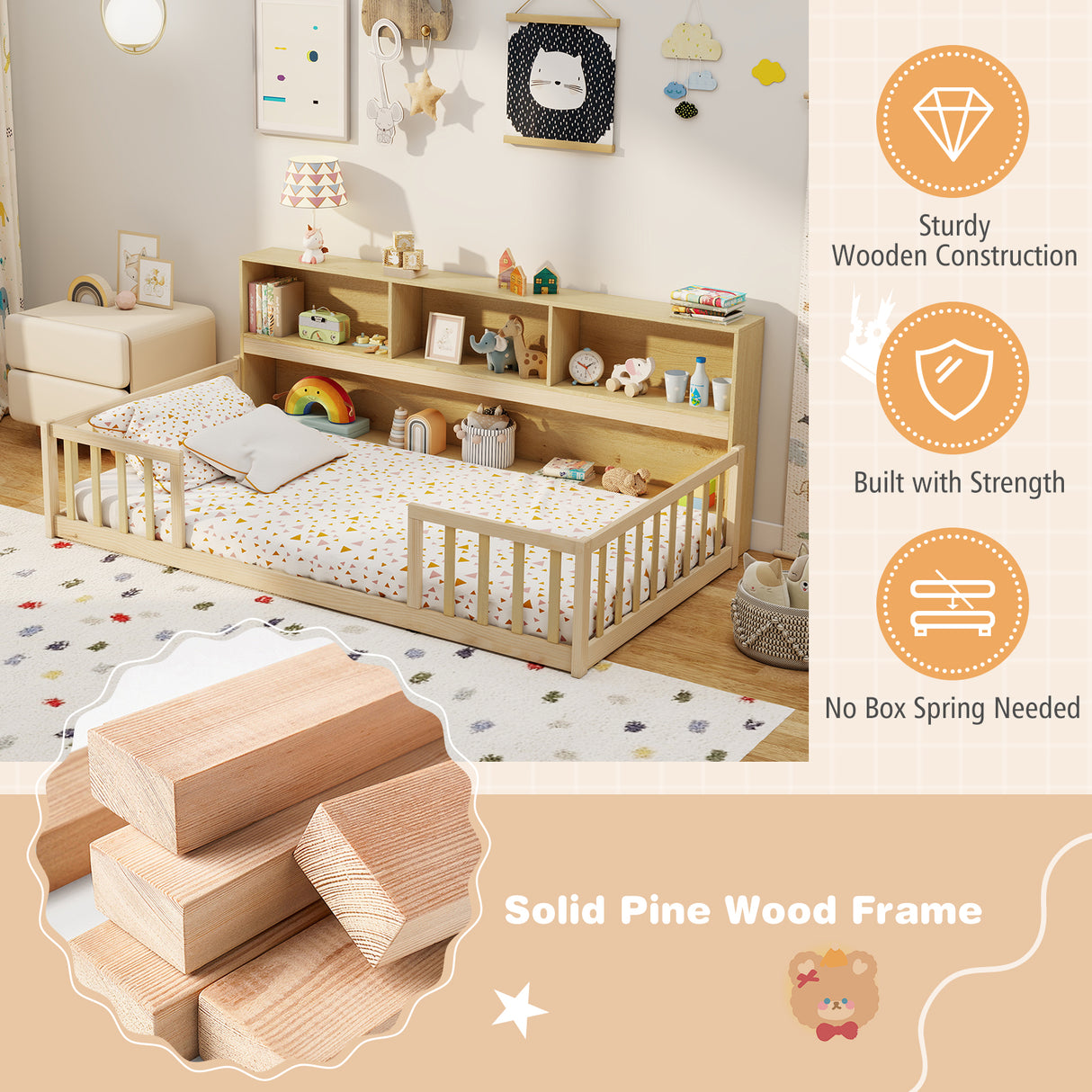 Twin Size Montessori Floor Bed with Bookcase