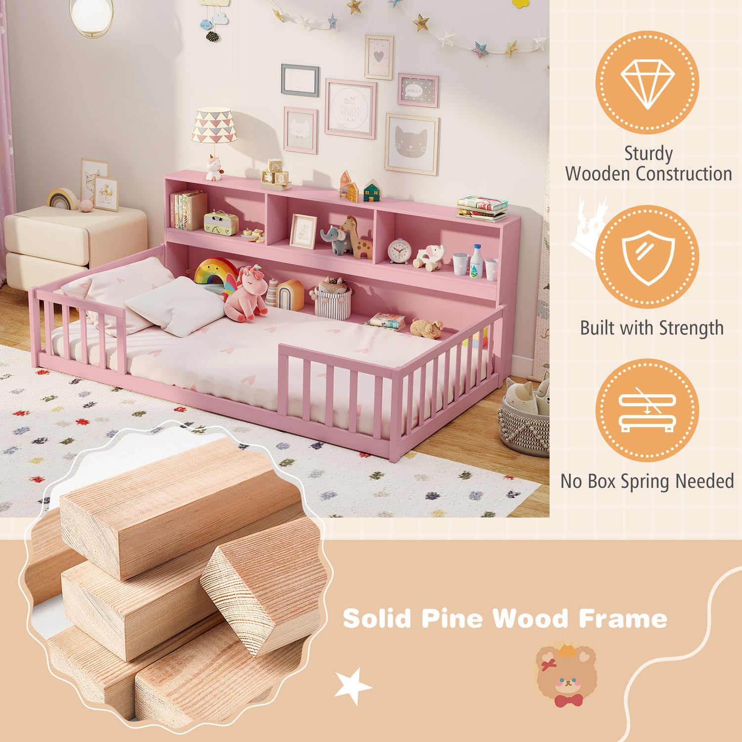 Twin Size Montessori Floor Bed with Bookcase