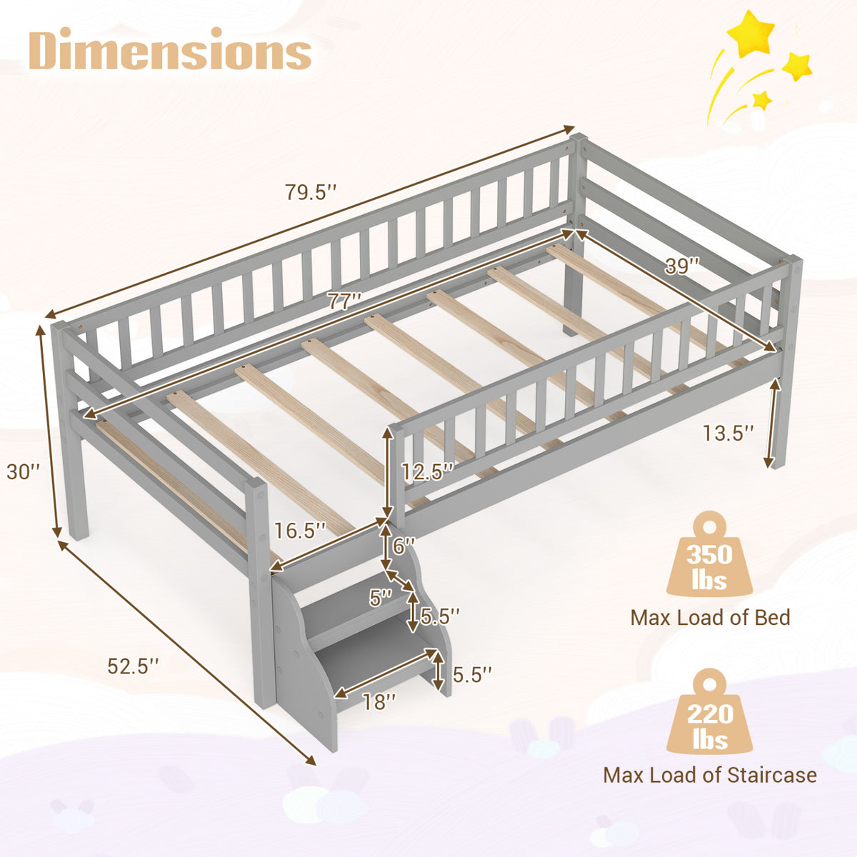 Twin Size Montessori Bed with Stairs and Guardrails