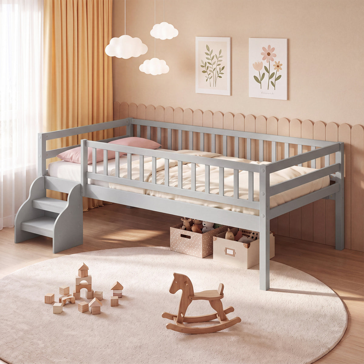 Twin Size Montessori Bed with Stairs and Guardrails