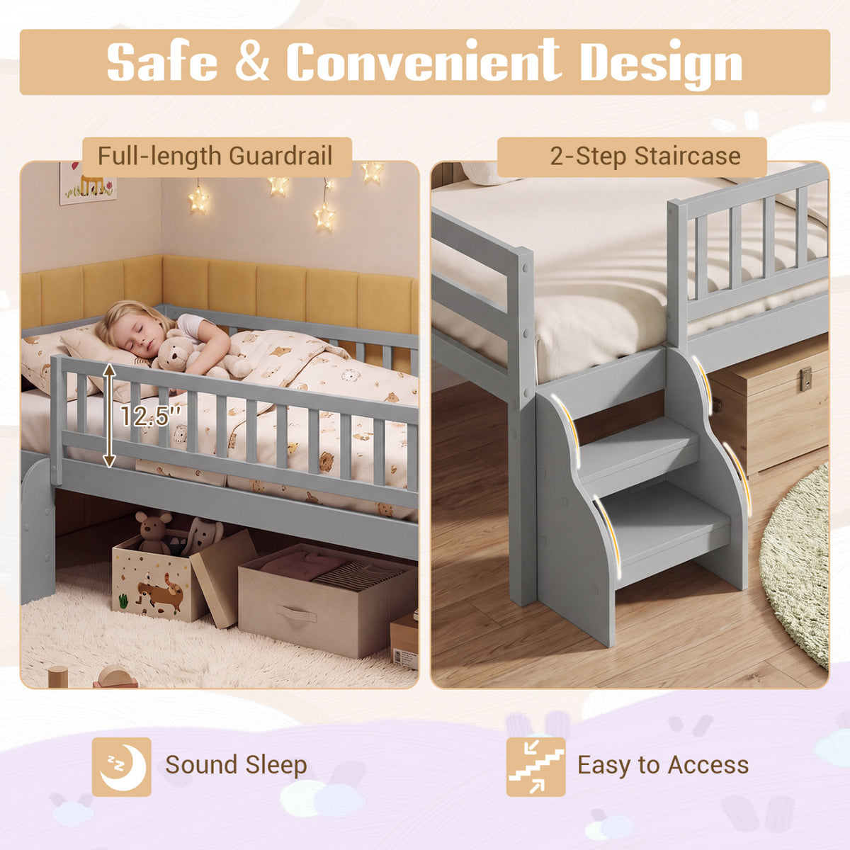 Twin Size Montessori Bed with Stairs and Guardrails