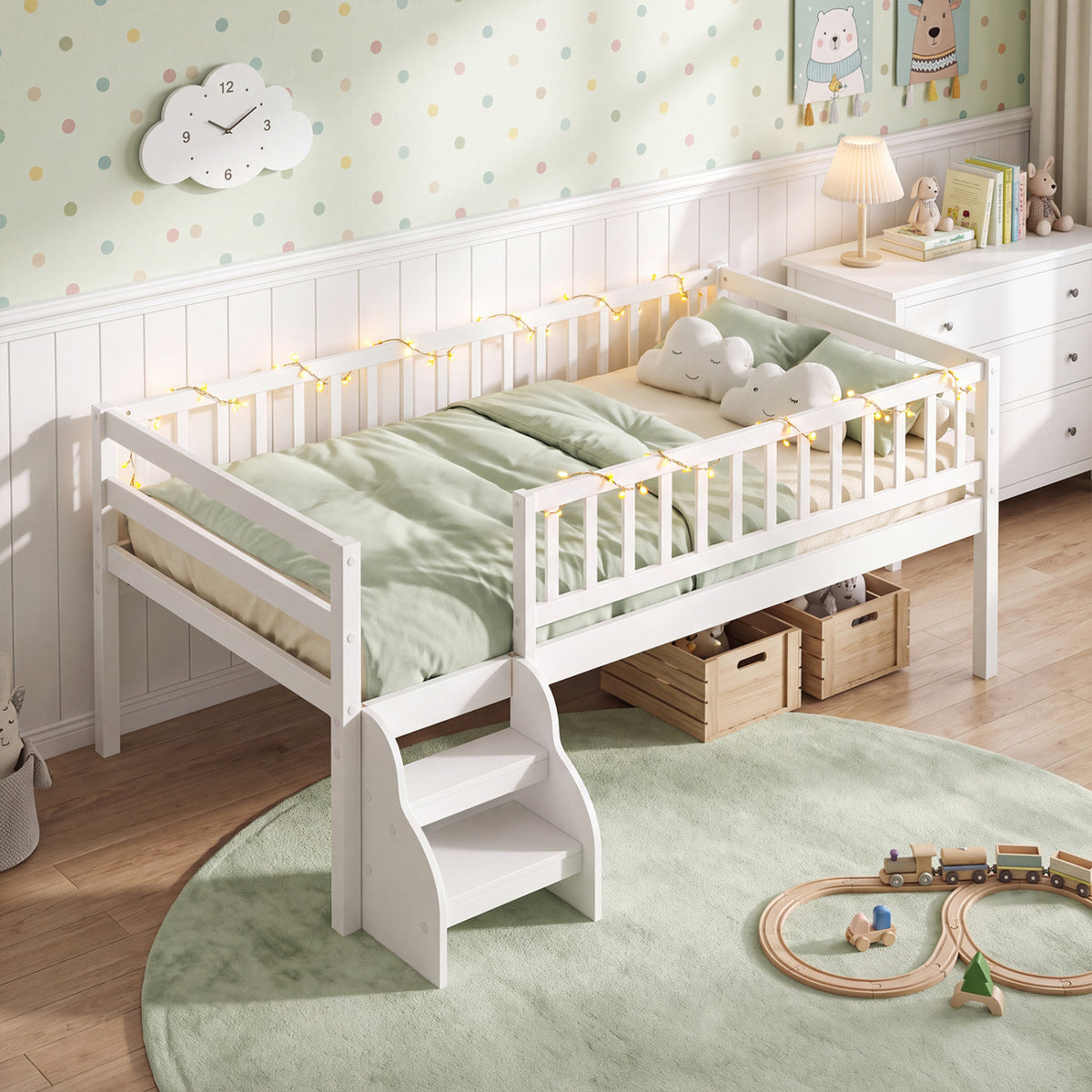 Twin Size Montessori Bed with Stairs and Guardrails