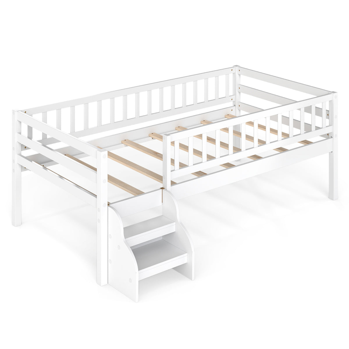 Twin Size Montessori Bed with Stairs and Guardrails