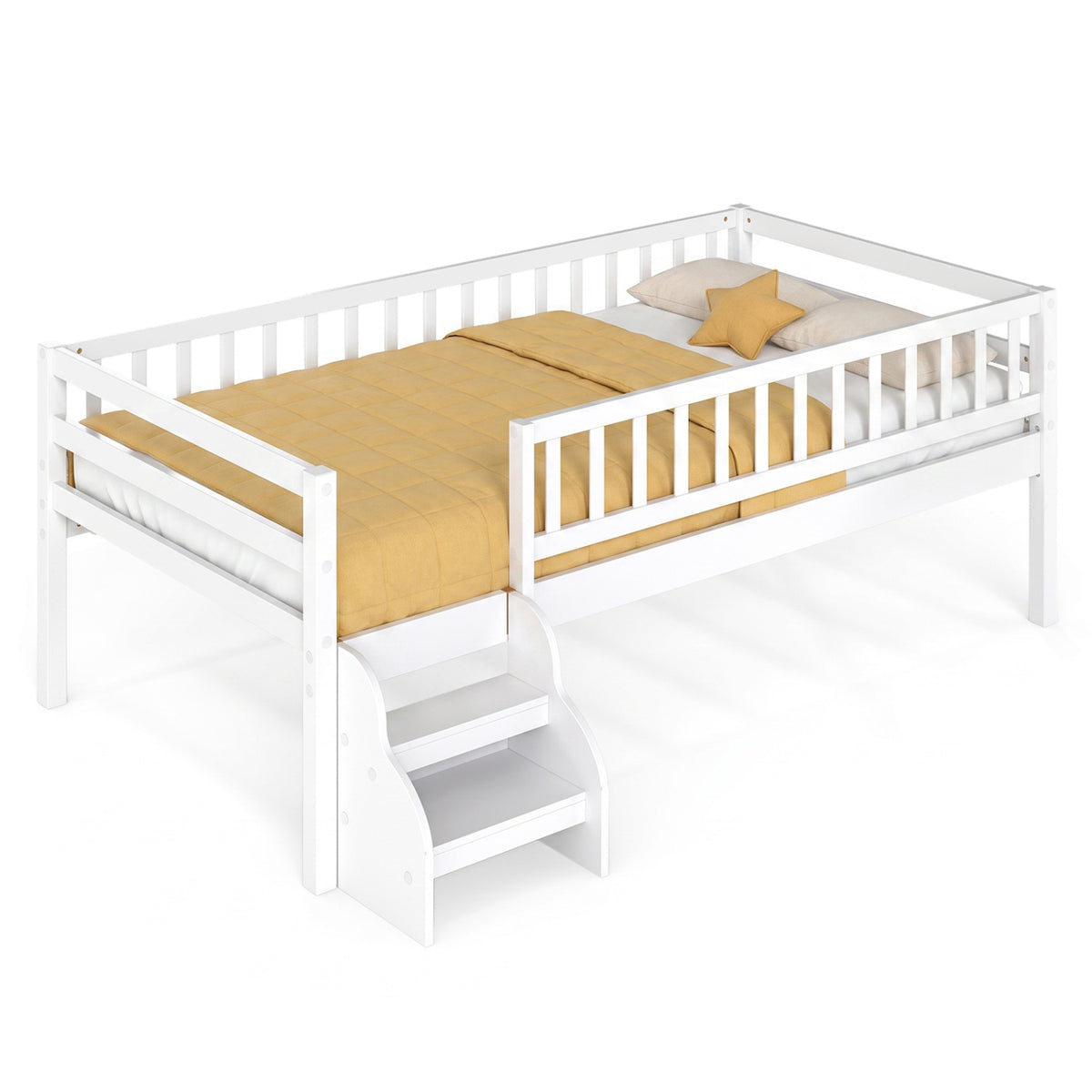 Twin Size Montessori Bed with Stairs and Guardrails