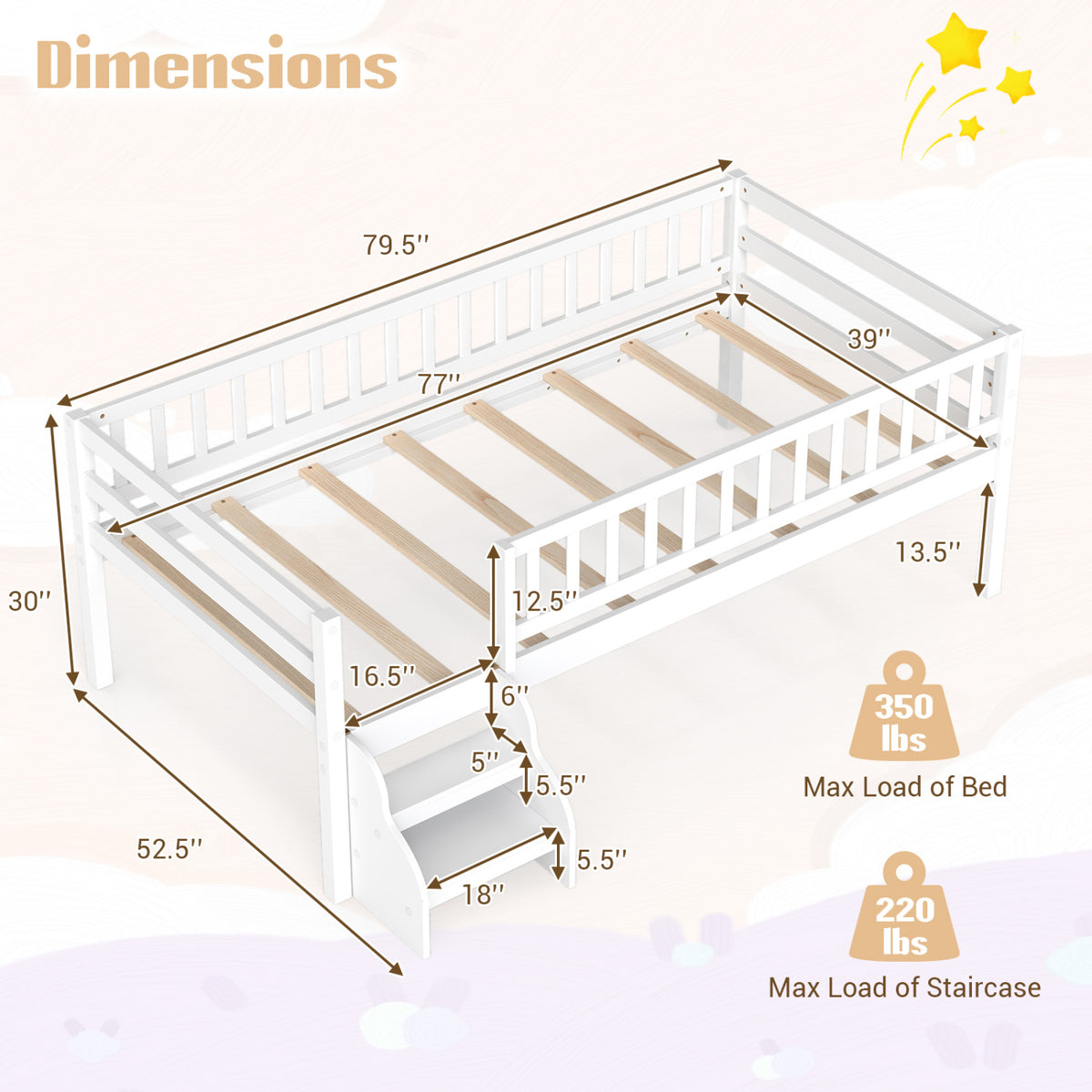 Twin Size Montessori Bed with Stairs and Guardrails