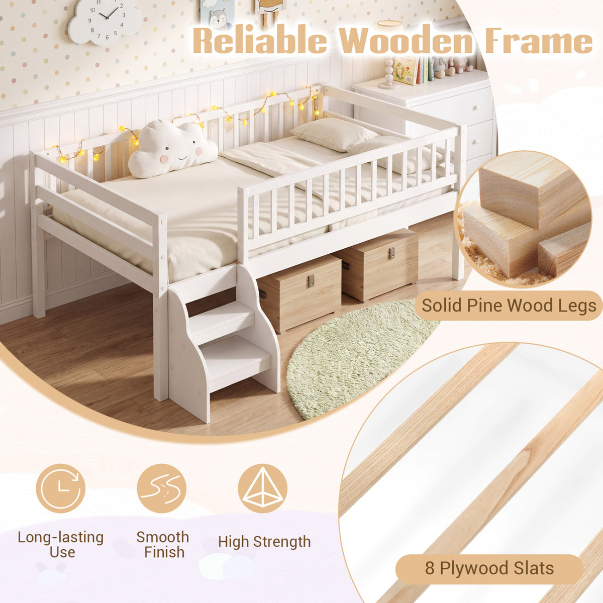 Twin Size Montessori Bed with Stairs and Guardrails
