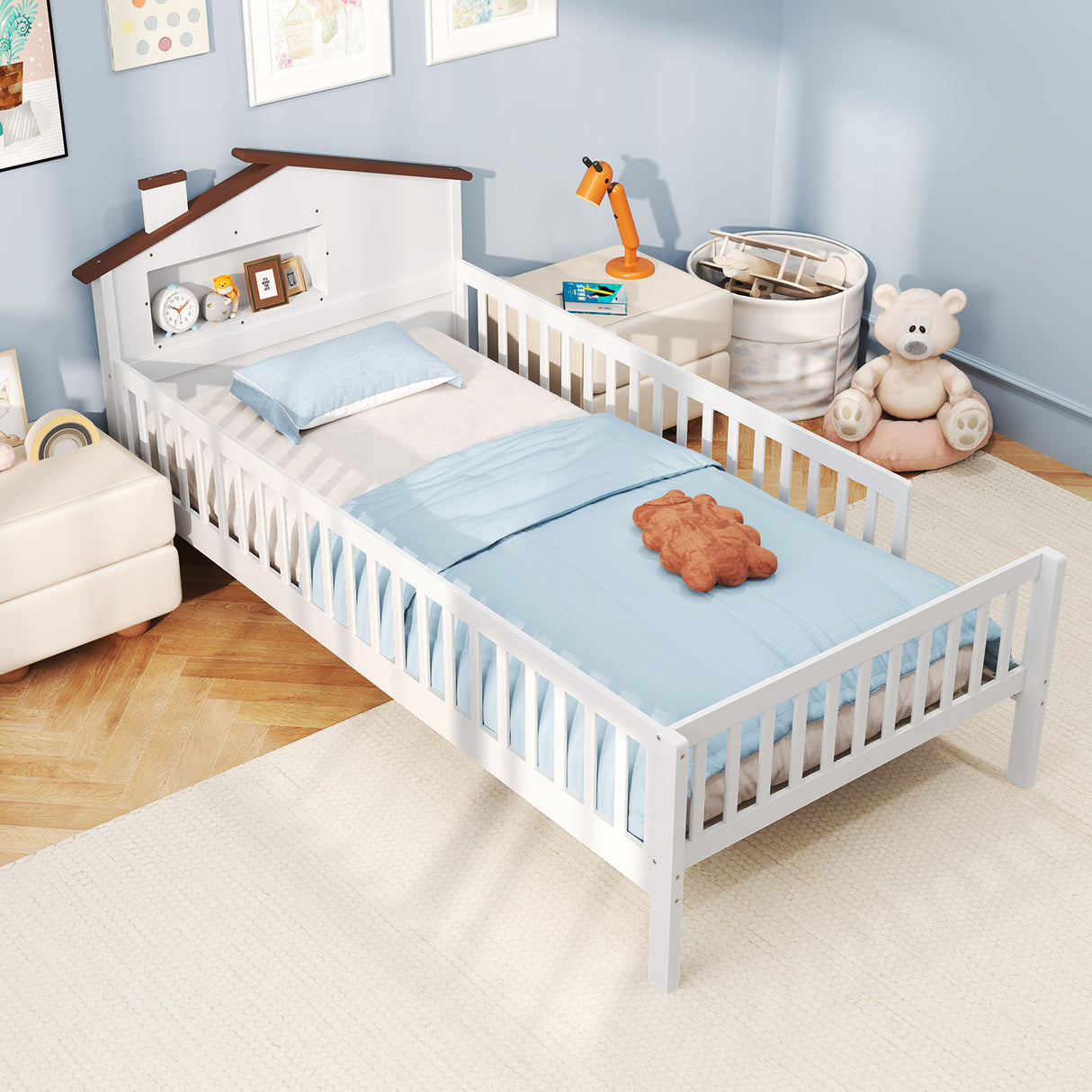 Twin Size Kids Montessori Bed with House-Shaped Headboard and Built-in Storage Shelf