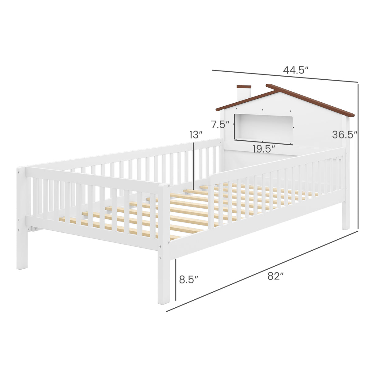 Twin Size Kids Montessori Bed with House-Shaped Headboard and Built-in Storage Shelf