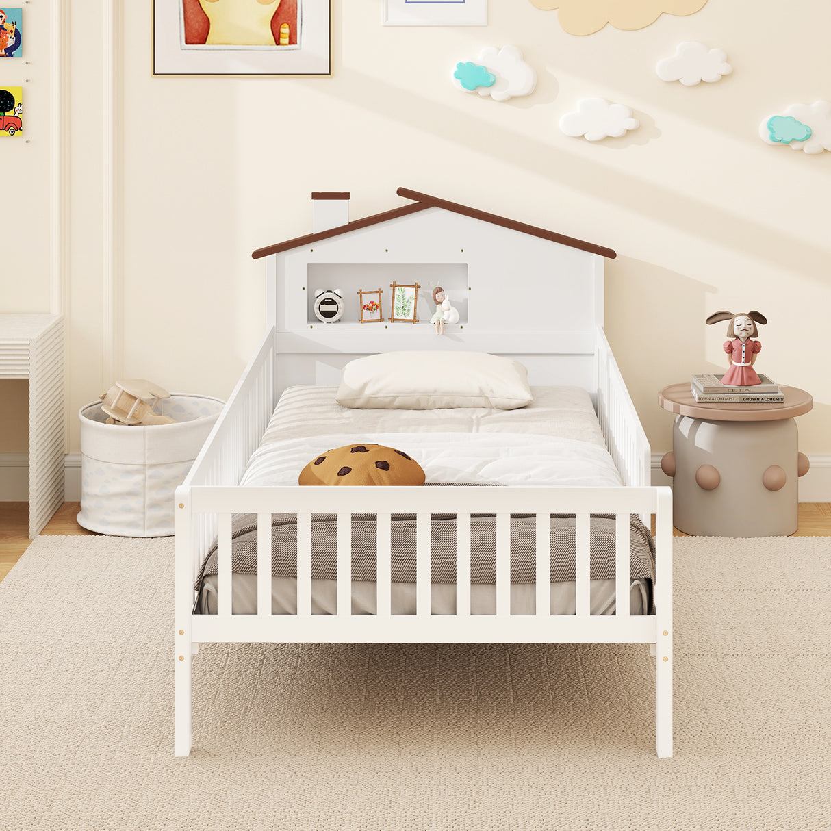 Twin Size Kids Montessori Bed with House-Shaped Headboard and Built-in Storage Shelf