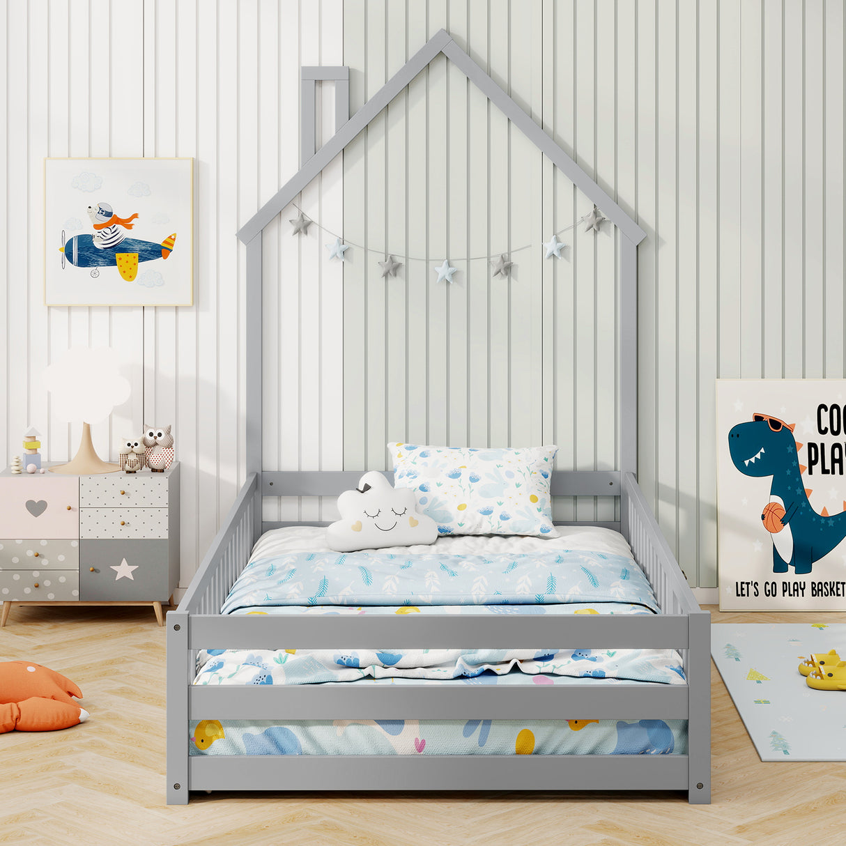 Twin Size Montessori Floor Bed with Lockable Door and Full-Length Guardrail