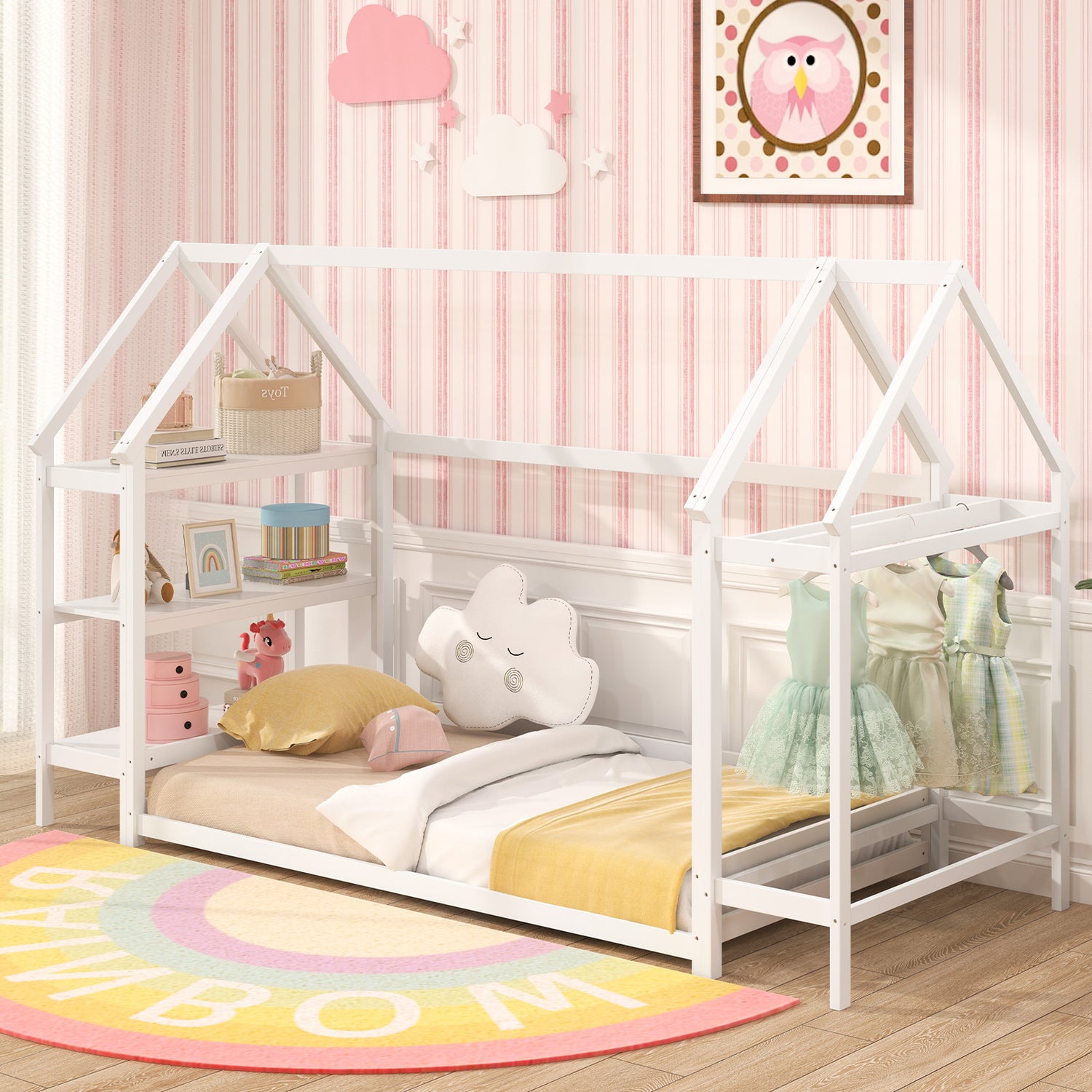 Twin Size Montessori Floor House Bed with Detachable Storage Shelves