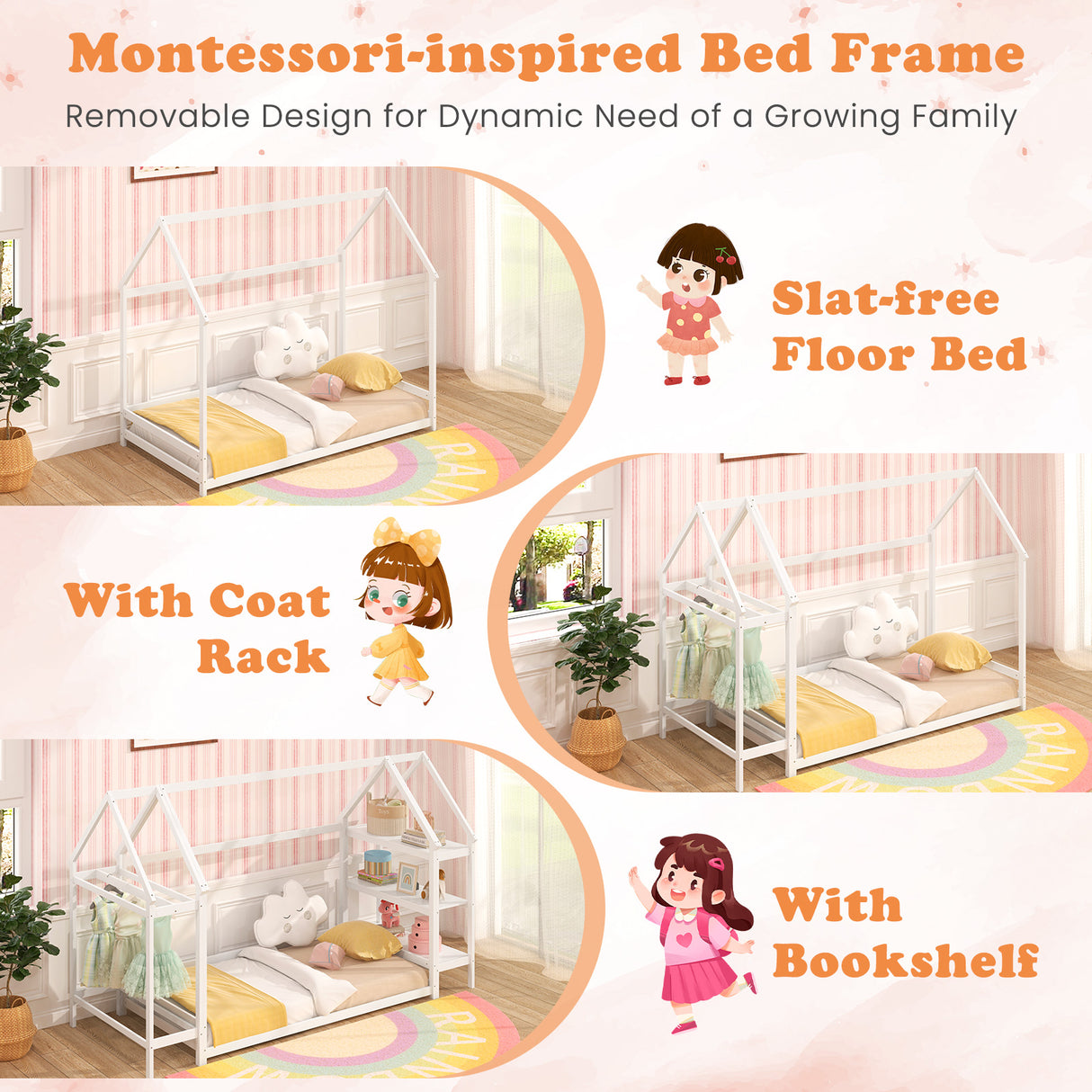 Twin Size Montessori Floor House Bed with Detachable Storage Shelves