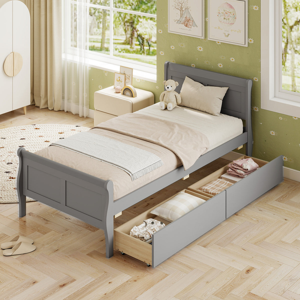 Twin Size Sleigh Bed with 2 Storage Drawers Wood Platform Bed Frame