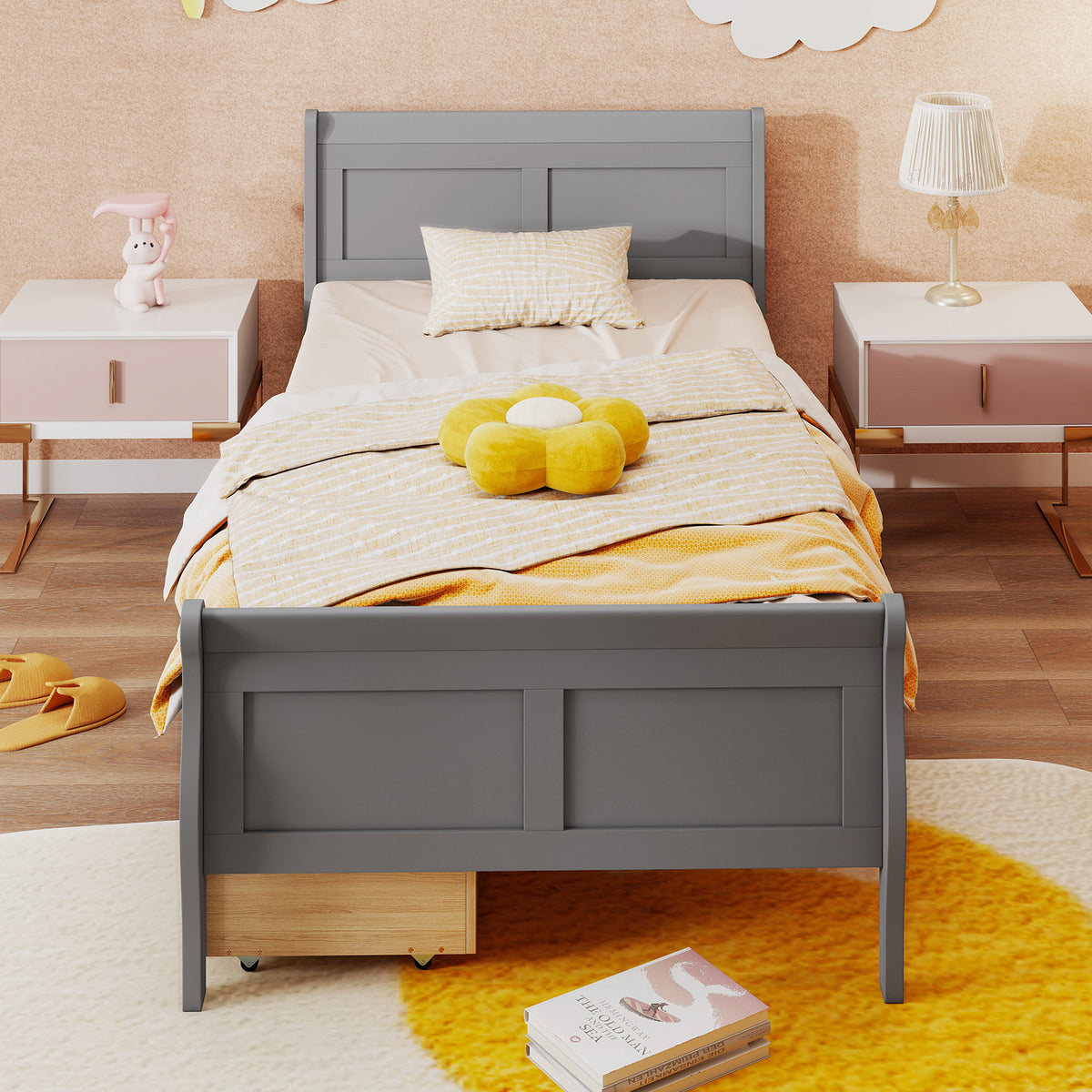 Twin Size Sleigh Bed with 2 Storage Drawers Wood Platform Bed Frame