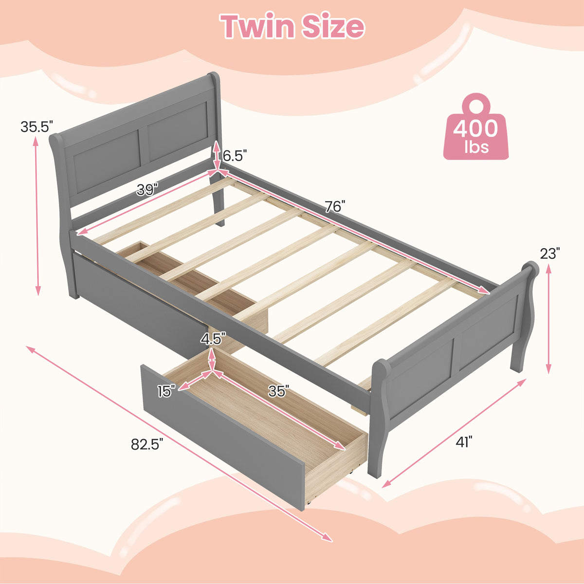 Twin Size Sleigh Bed with 2 Storage Drawers Wood Platform Bed Frame