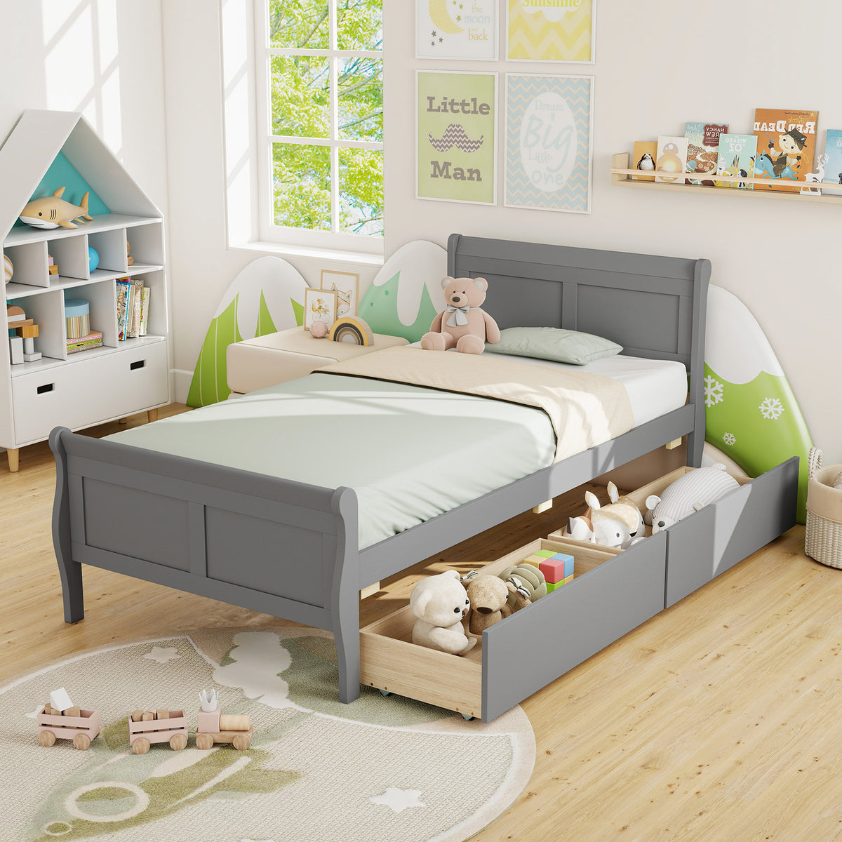 Twin Size Sleigh Bed with 2 Storage Drawers Wood Platform Bed Frame