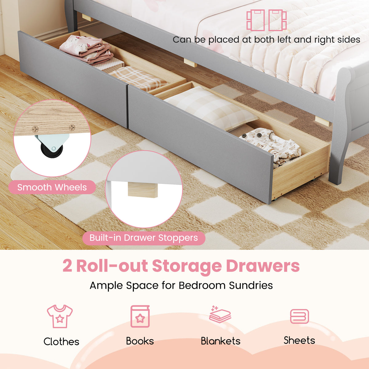 Twin Size Sleigh Bed with 2 Storage Drawers Wood Platform Bed Frame