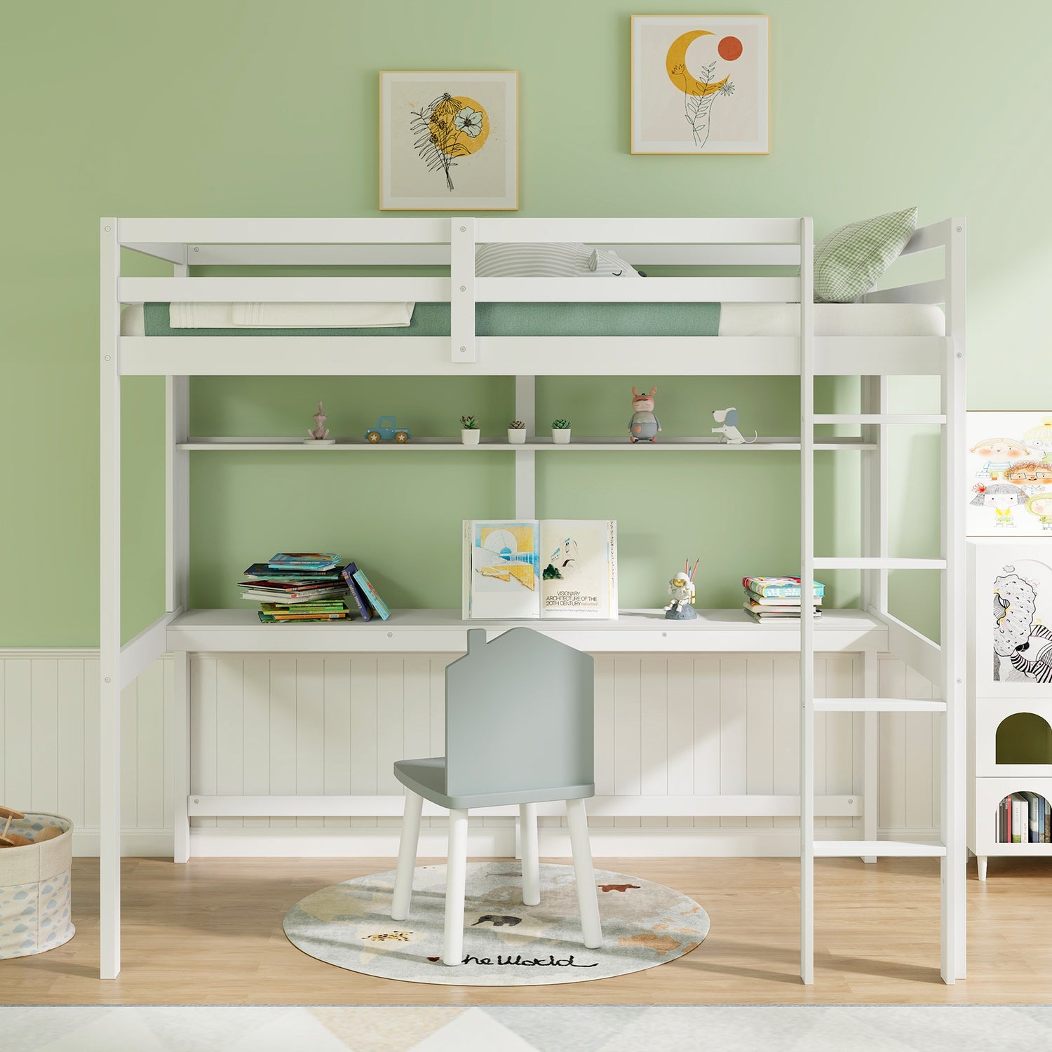 Twin Size Solid Wood Slatted Loft Bed Frame with Safety Guardrail for Kid