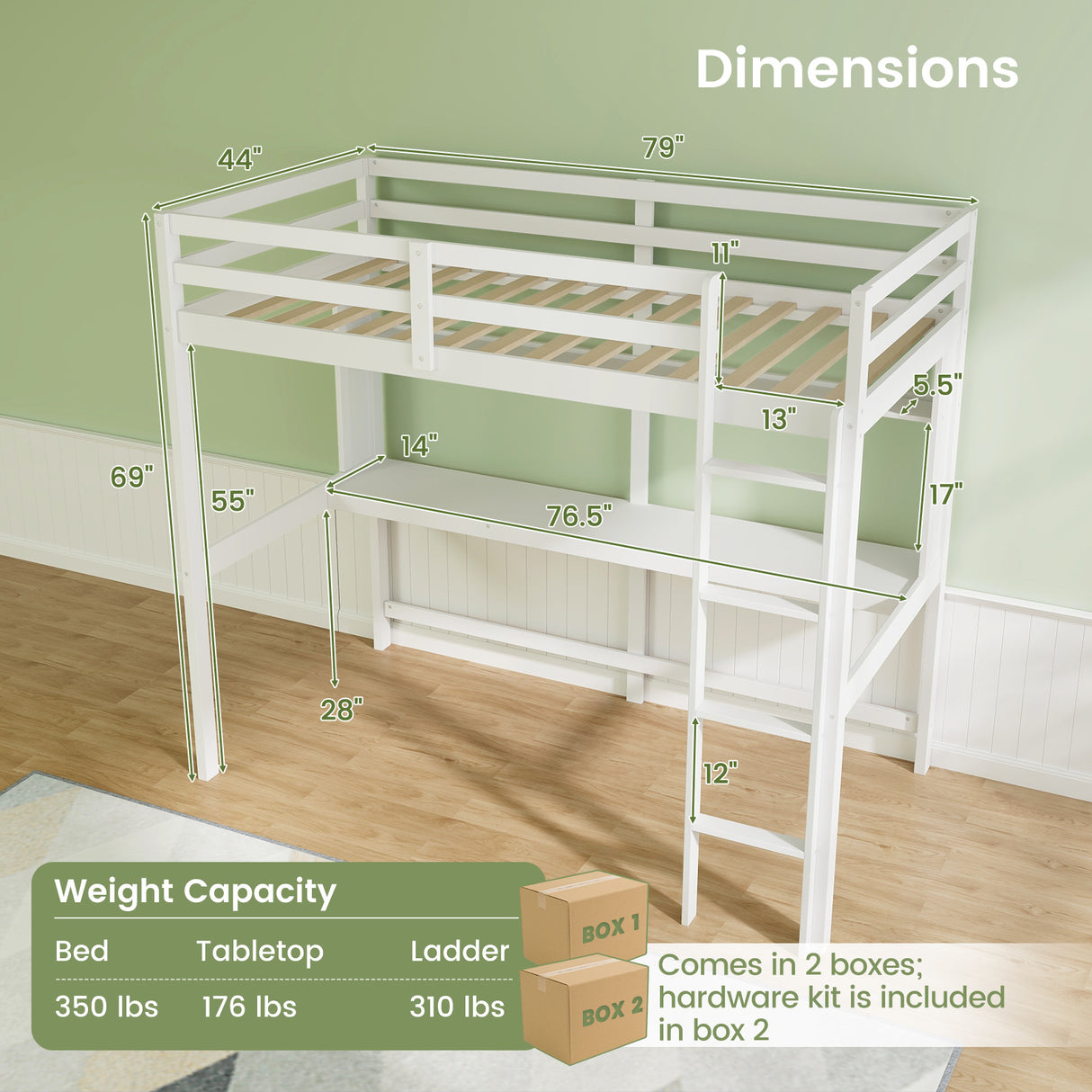 Twin Size Solid Wood Slatted Loft Bed Frame with Safety Guardrail for Kid
