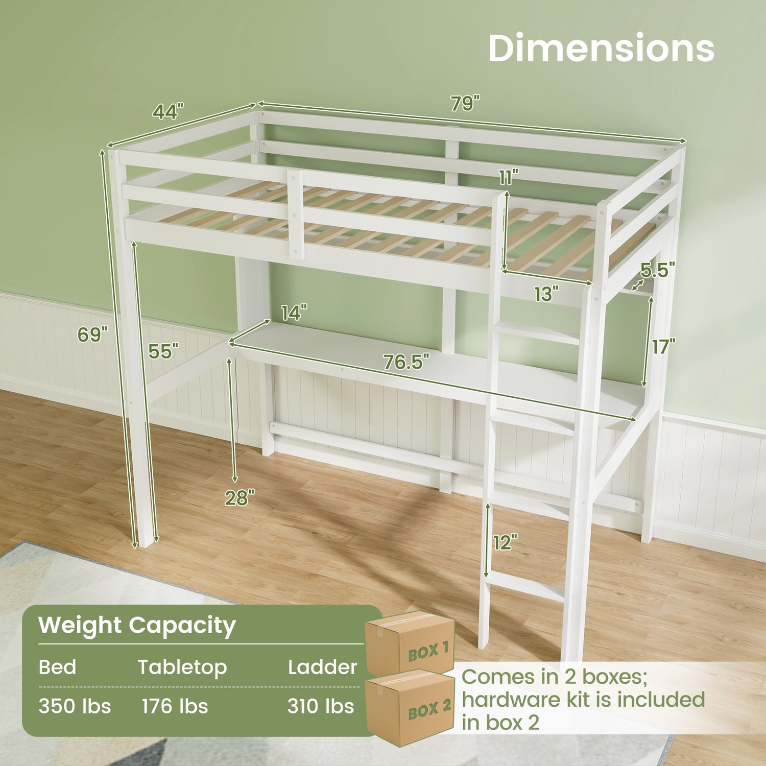 Twin Size Solid Wood Slatted Loft Bed Frame with Safety Guardrail for Kid