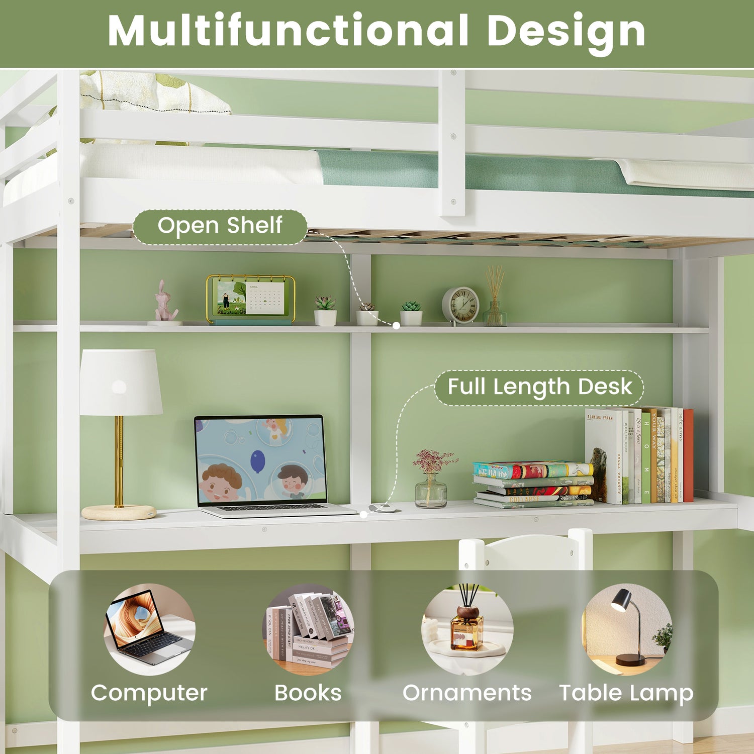 Twin Size Solid Wood Slatted Loft Bed Frame with Safety Guardrail for Kid