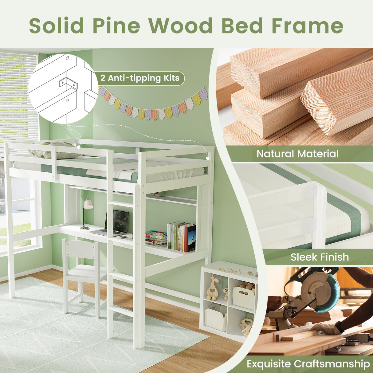Twin Size Solid Wood Slatted Loft Bed Frame with Safety Guardrail for Kid