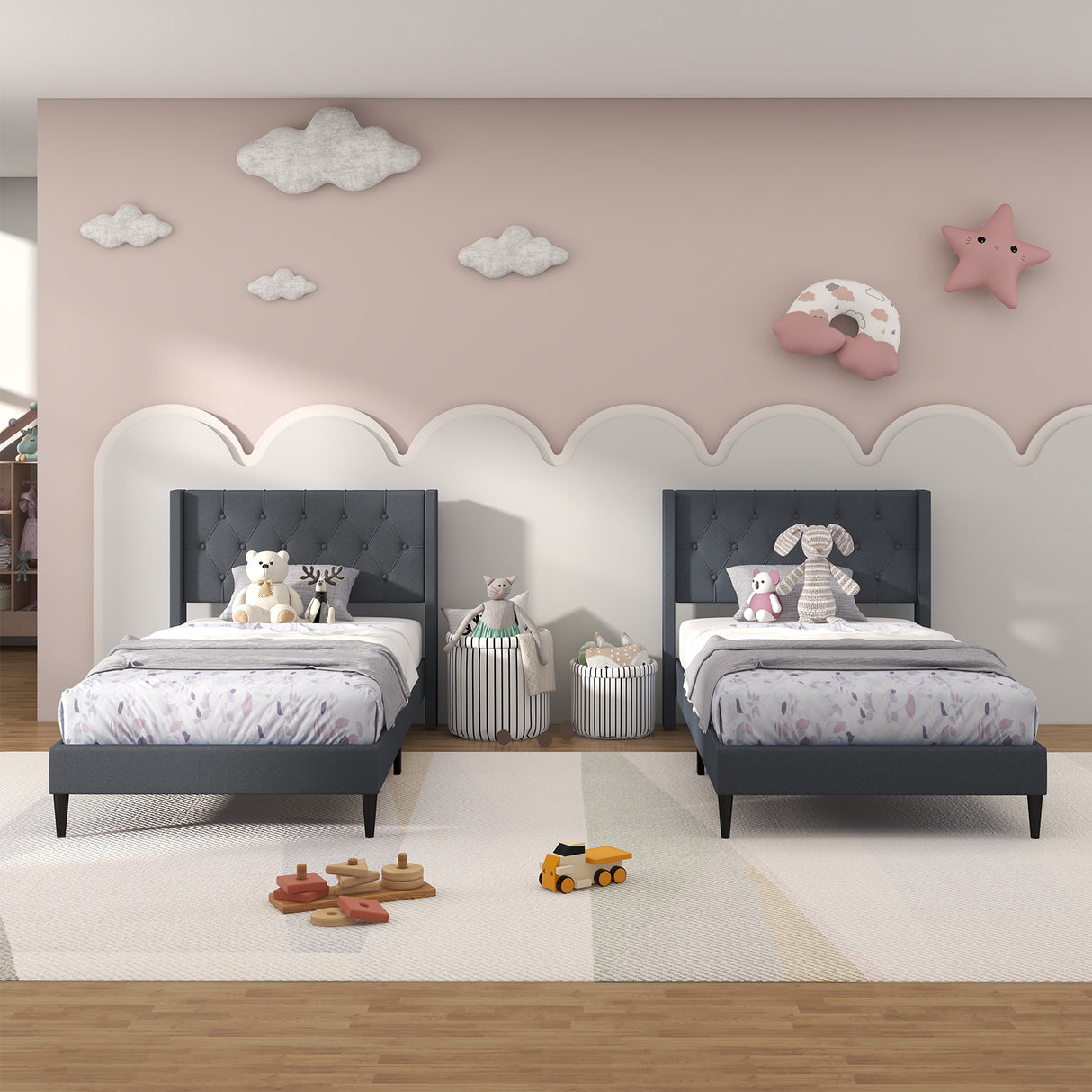 Twin Size Upholstered Platform Bed with Button Tufted Wingback Headboard
