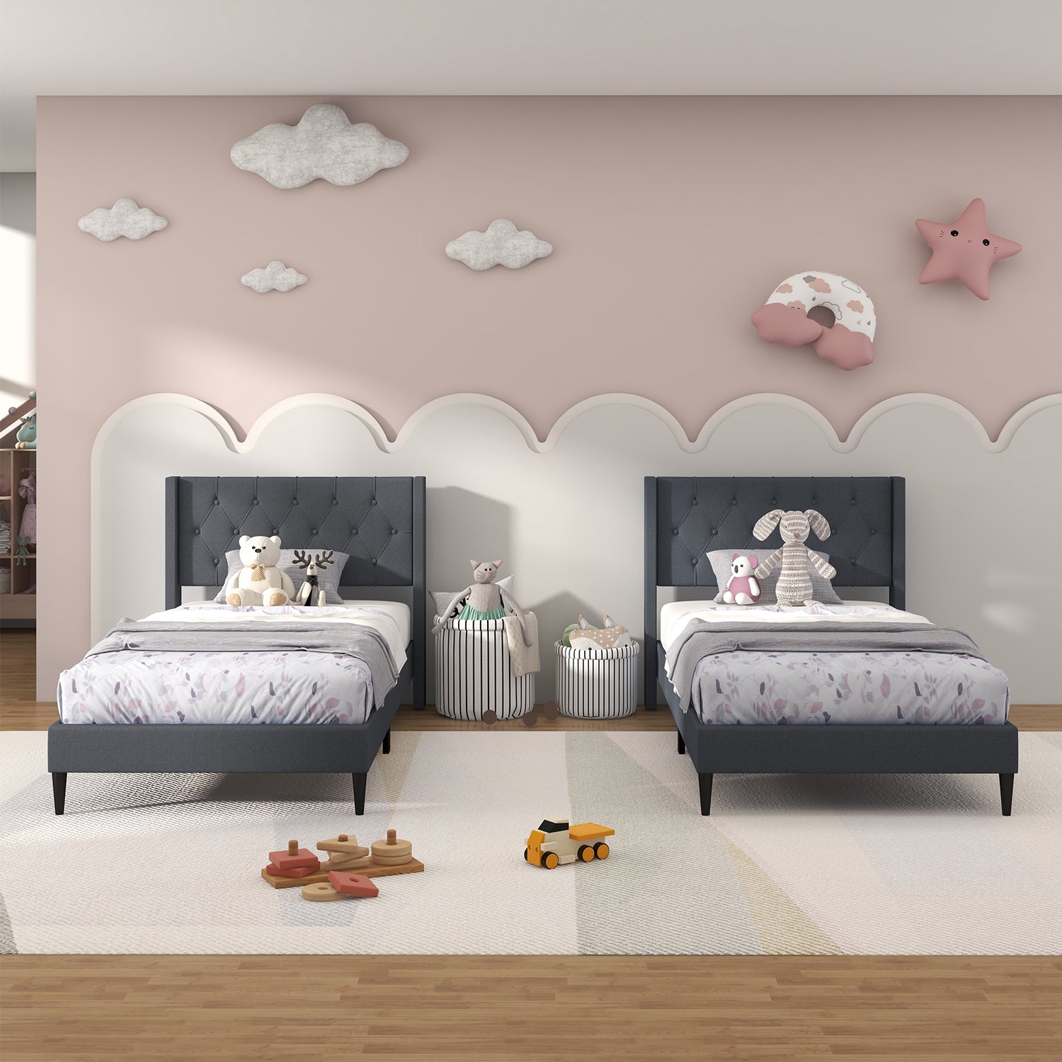 Twin Size Upholstered Platform Bed with Button Tufted Wingback Headboard