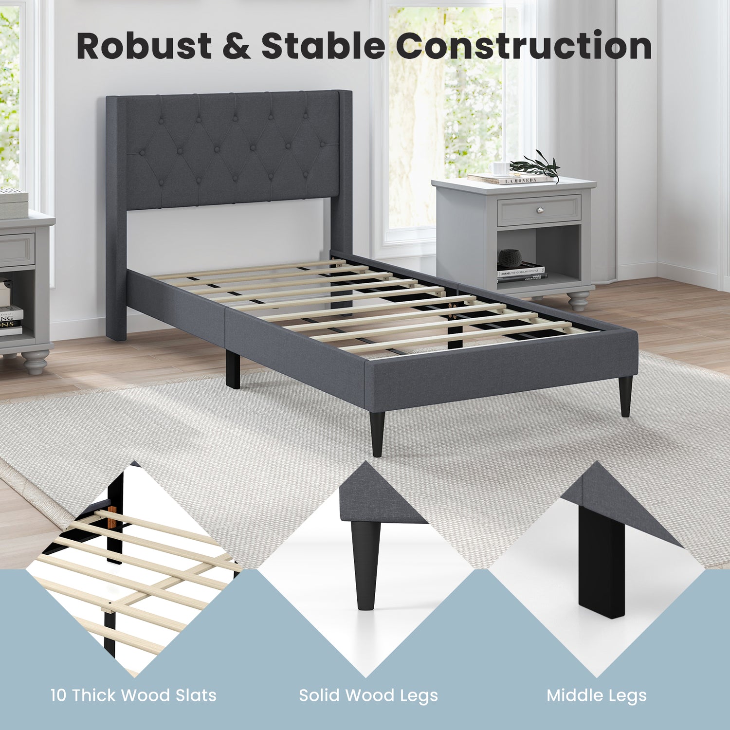 Twin Size Upholstered Platform Bed with Button Tufted Wingback Headboard