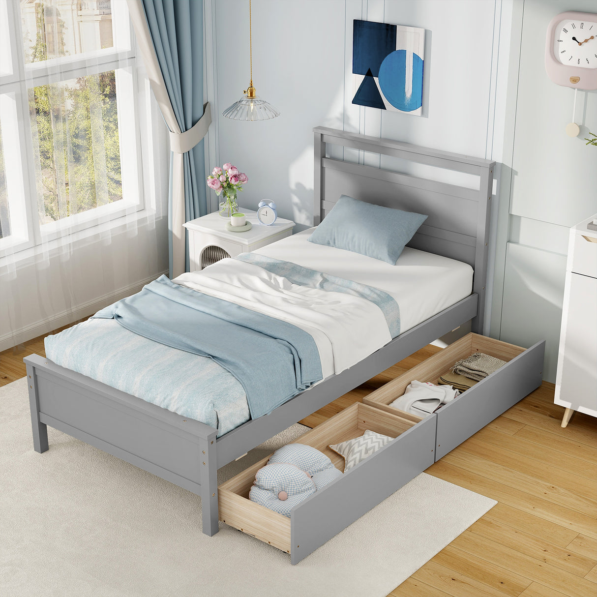 Twin Size Wooden Bed Frame with 2 Drawers for Teens and Adults