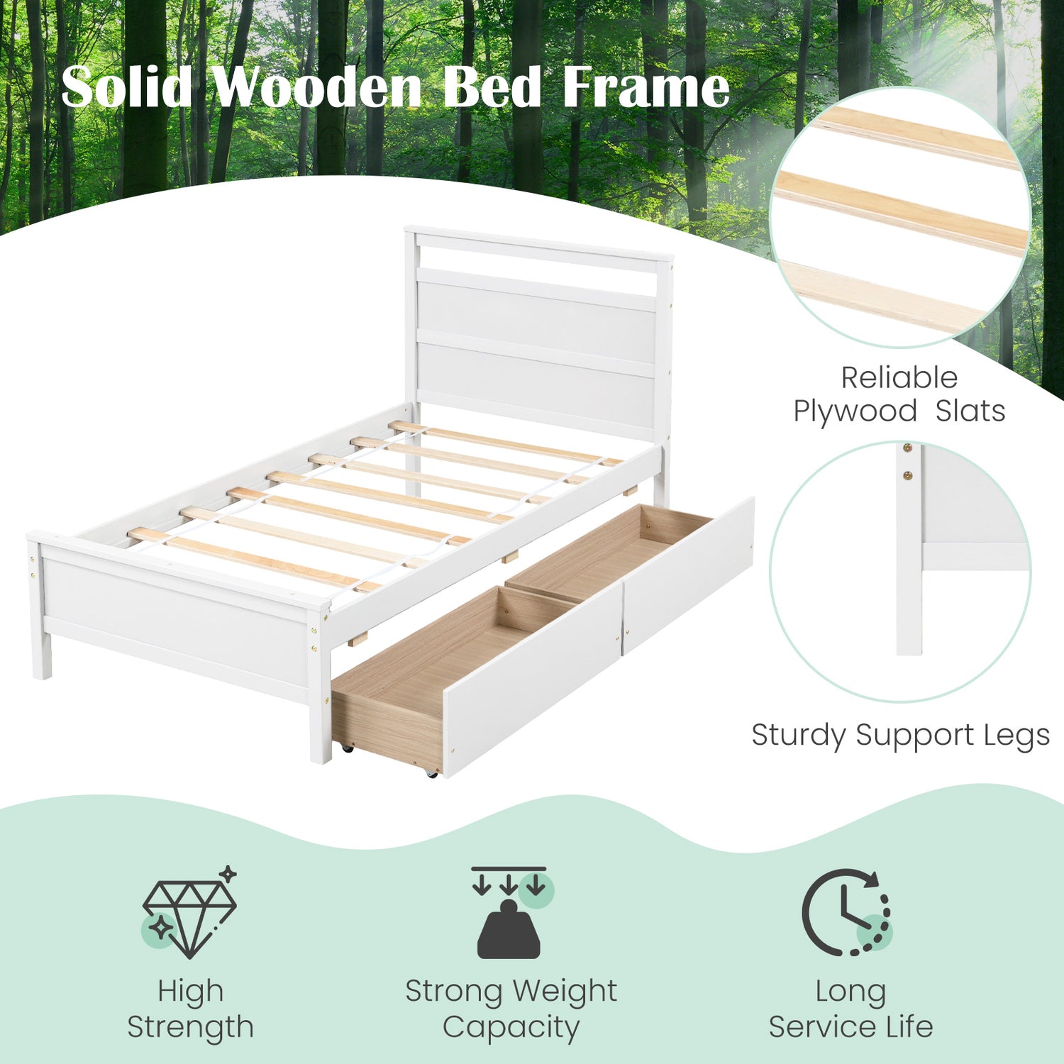 Twin Size Wooden Bed Frame with 2 Drawers for Teens and Adults