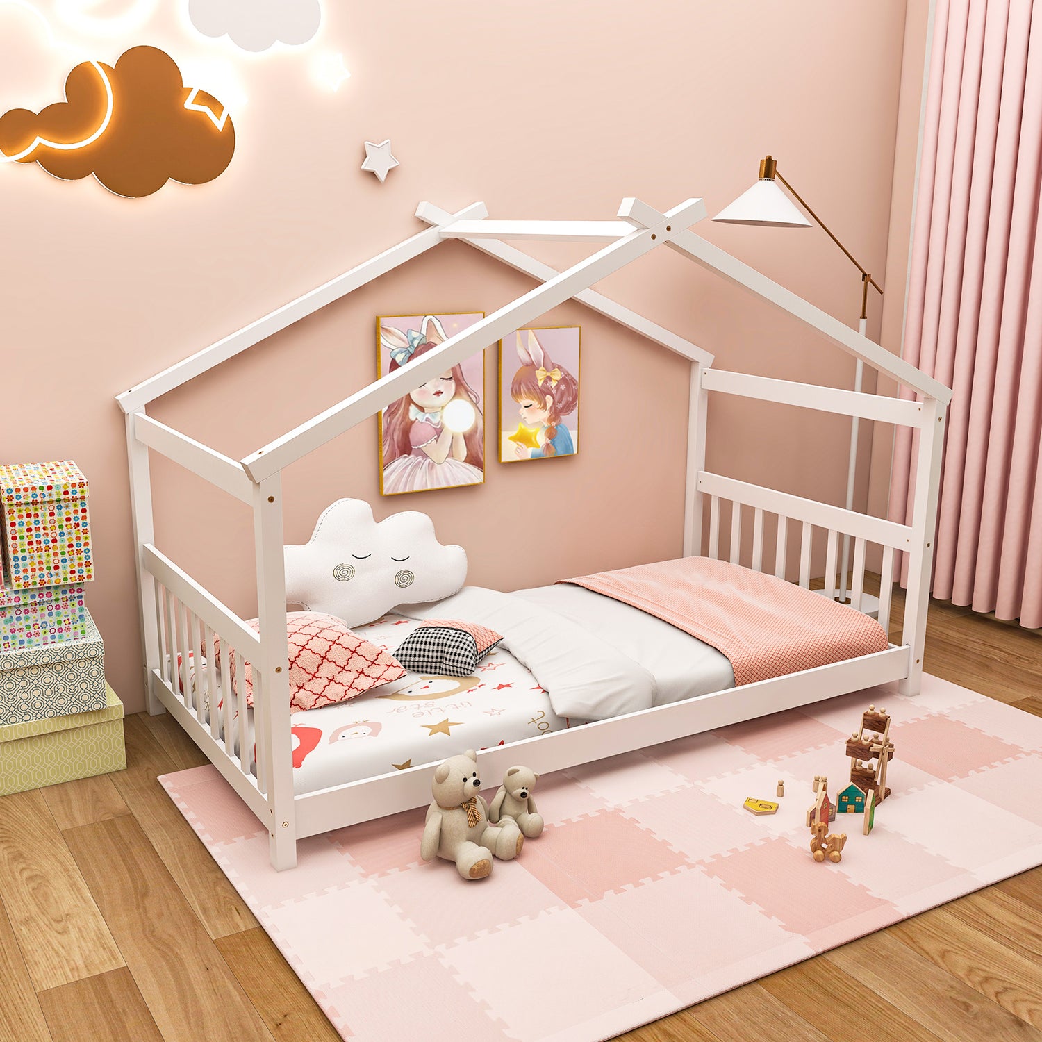 Twin Size Wooden House Bed with Roof