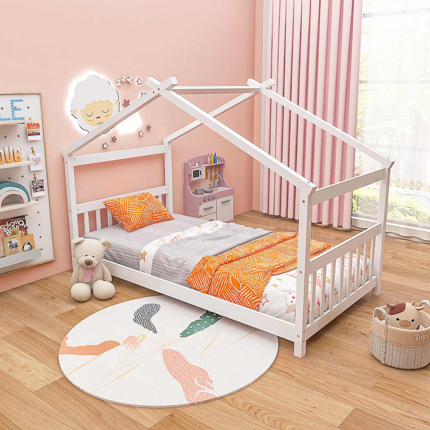 Twin Size Wooden House Bed with Roof
