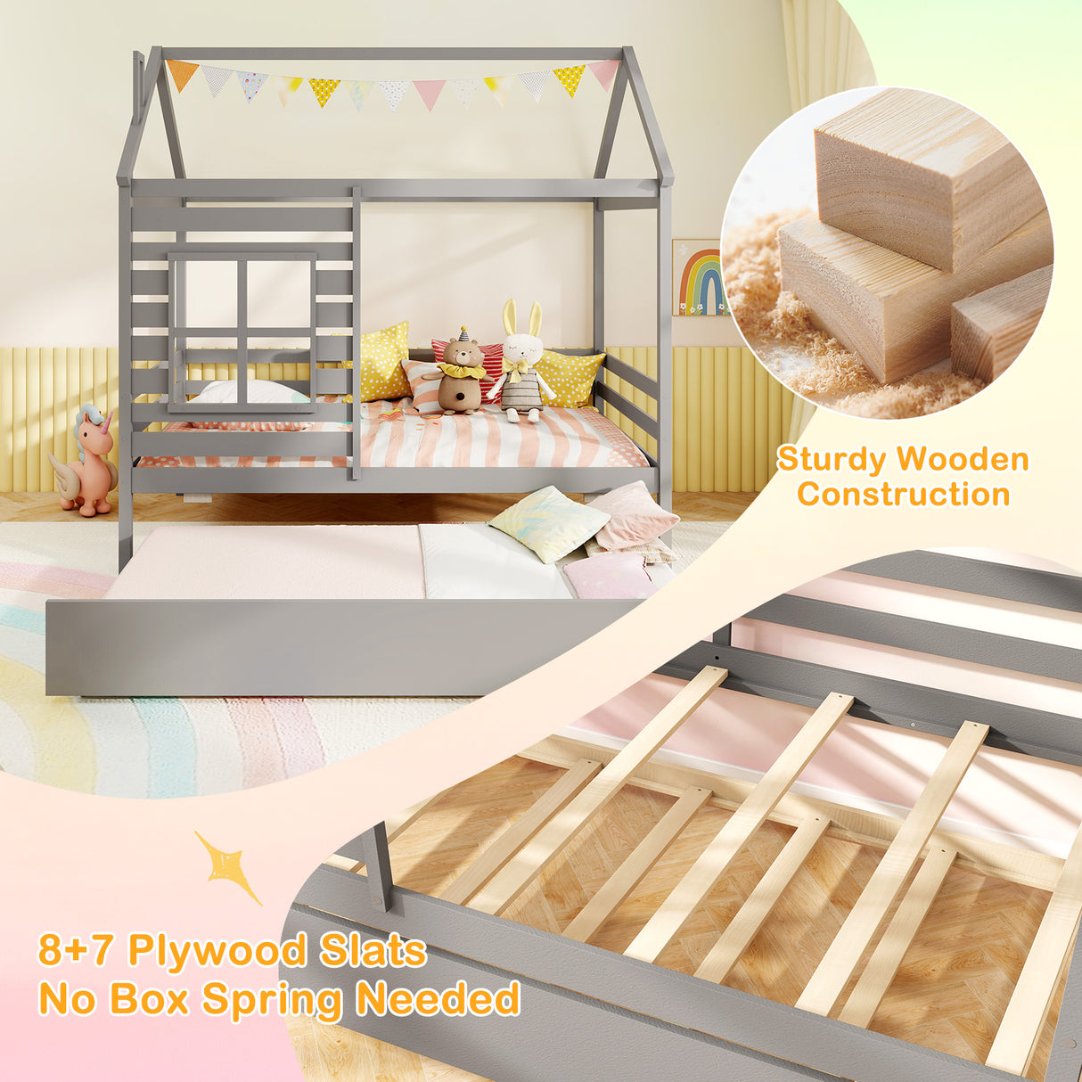 Twin Size Wooden Platform House Bed with Trundle and Roof