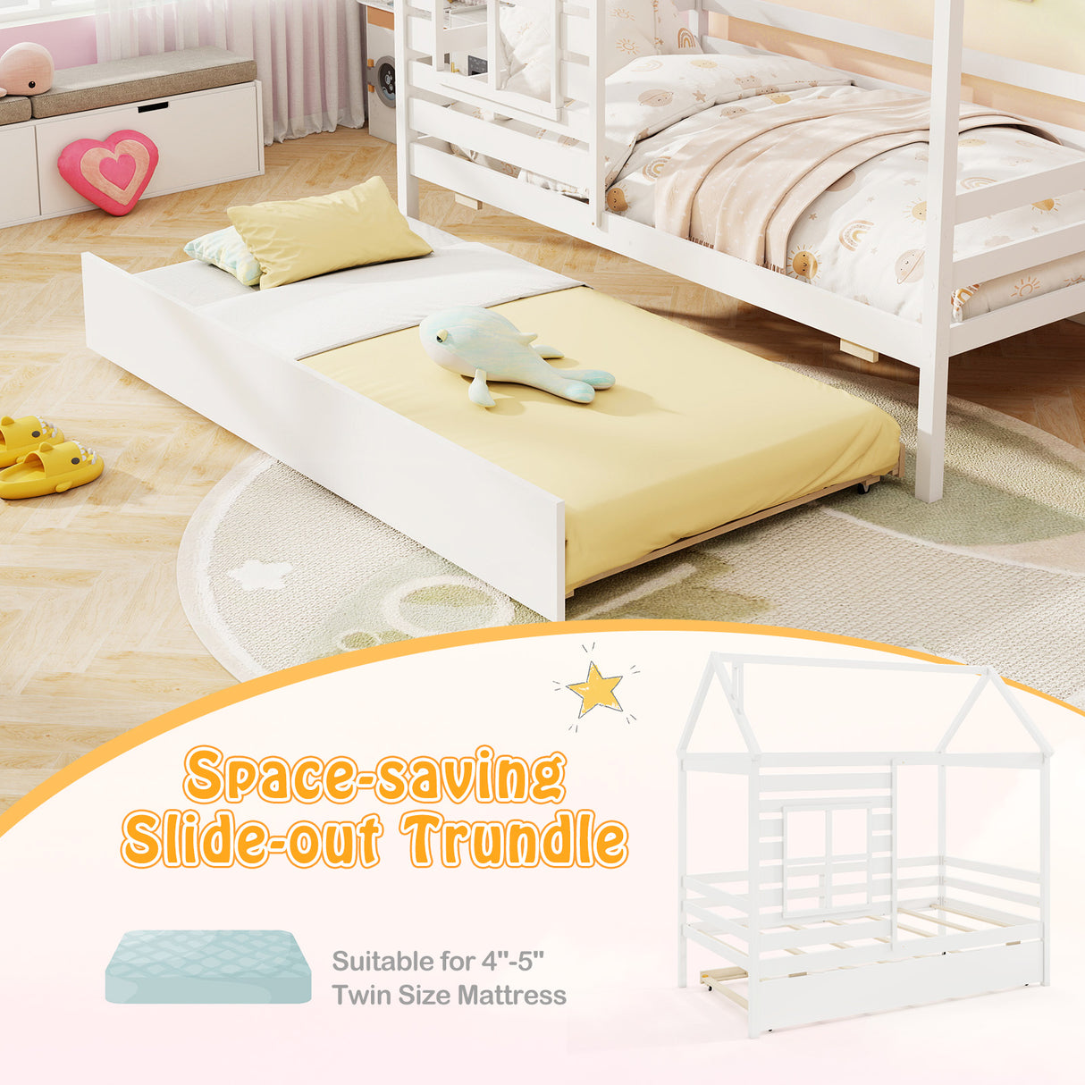 Twin Size Wooden Platform House Bed with Trundle and Roof