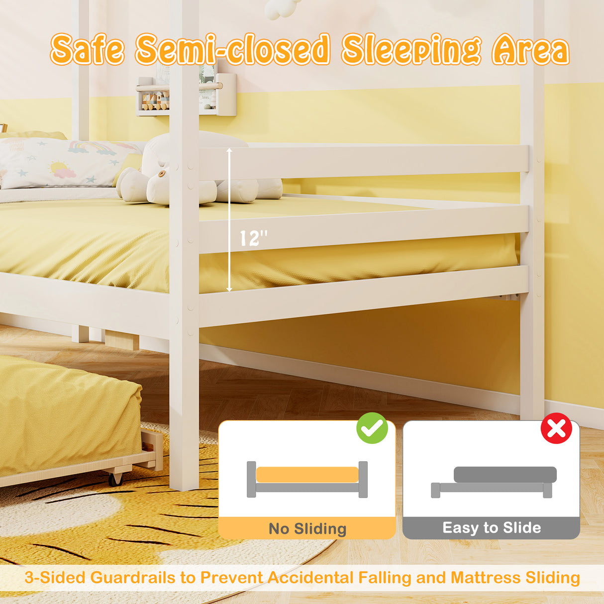 Twin Size Wooden Platform House Bed with Trundle and Roof