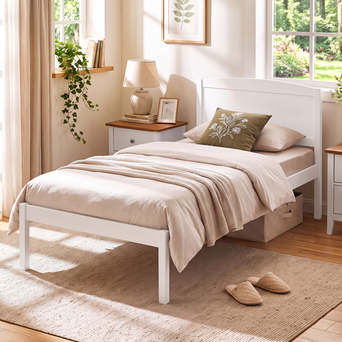 Twin Size Wooden Platform Bed Frame with Curved Headboard