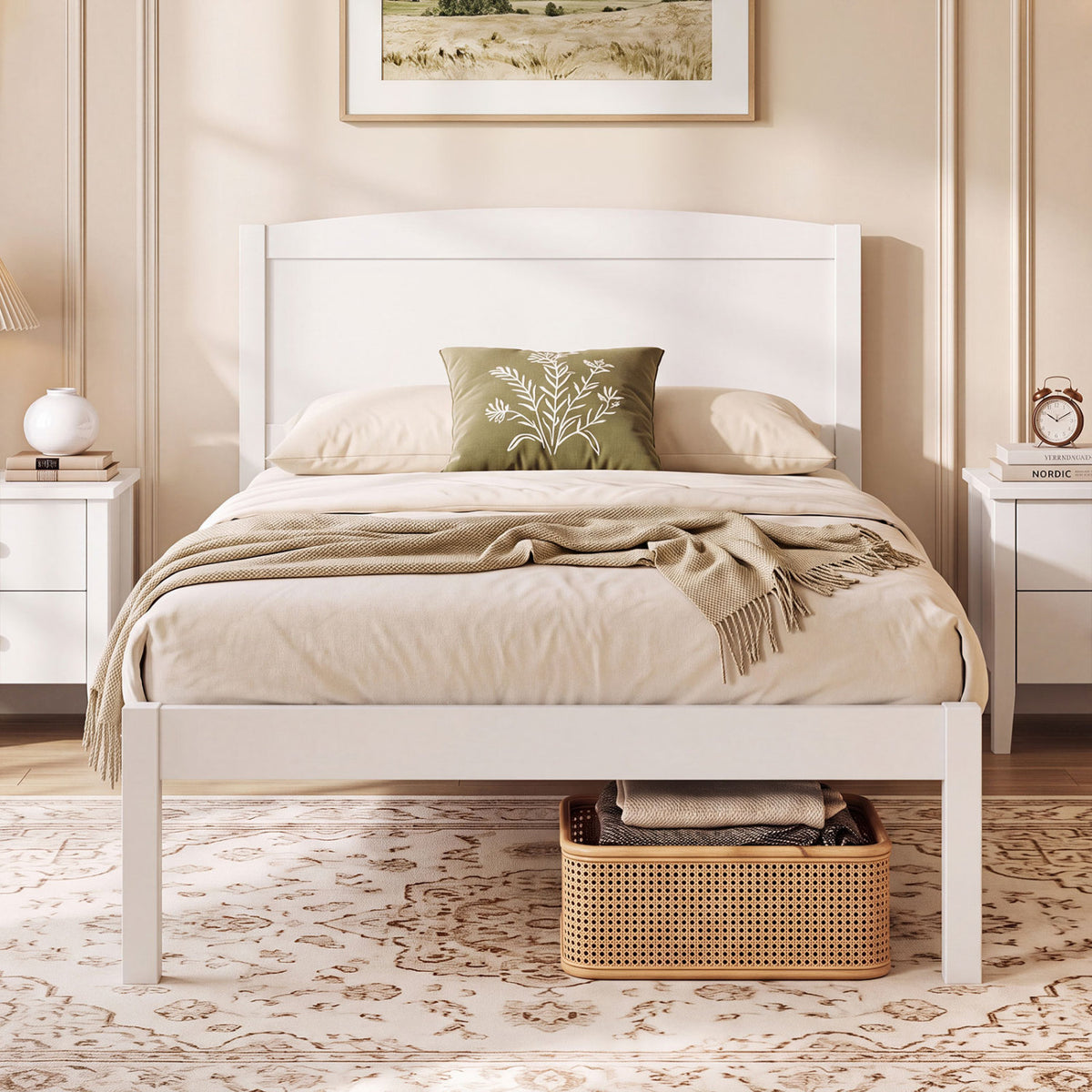 Twin Size Wooden Platform Bed Frame with Curved Headboard