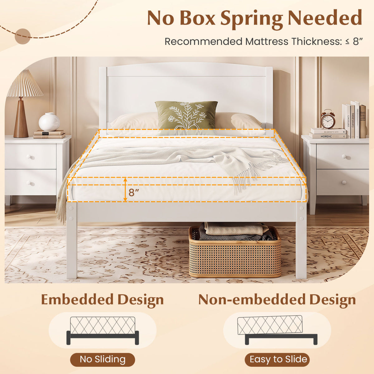 Twin Size Wooden Platform Bed Frame with Curved Headboard