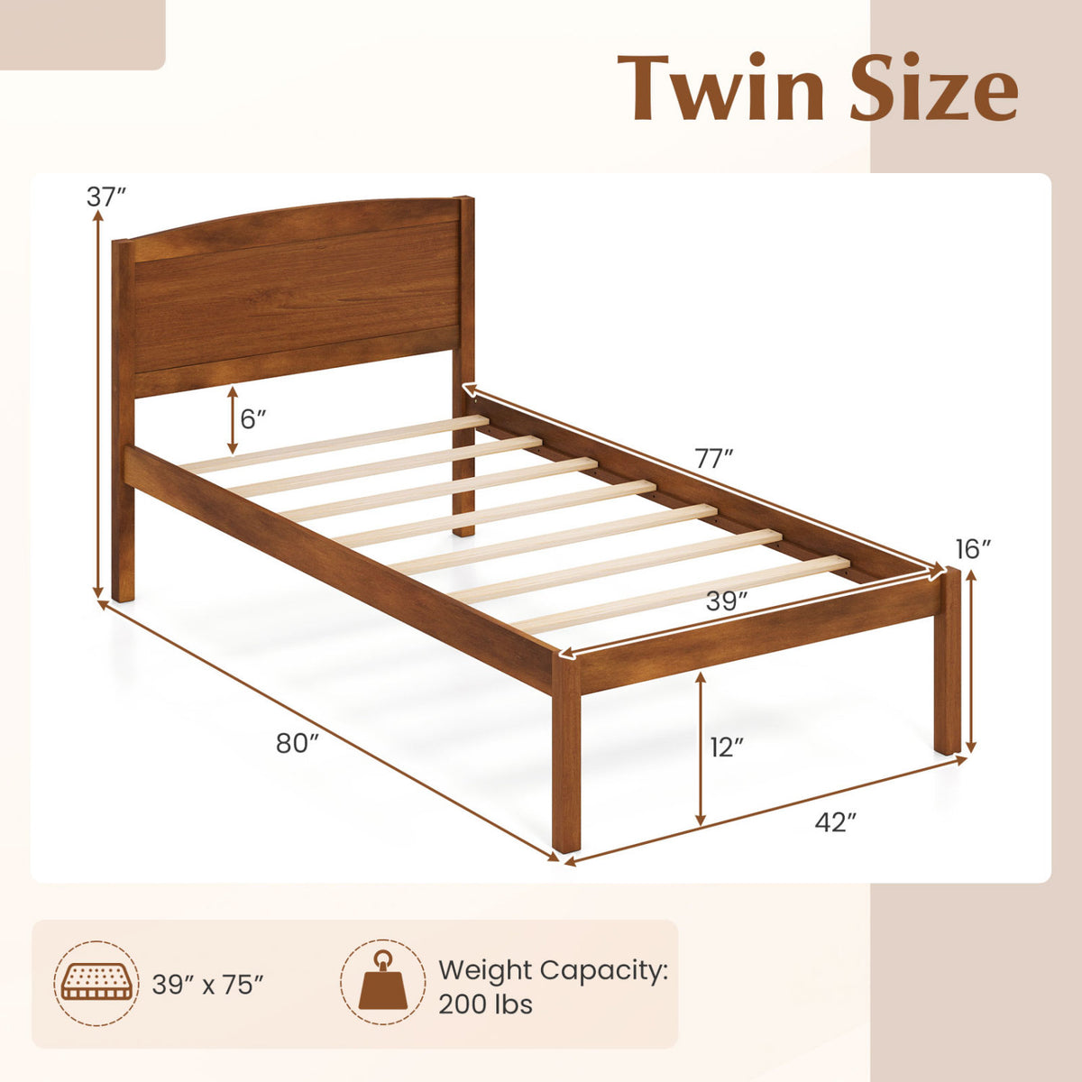 Twin Size Wooden Platform Bed Frame with Curved Headboard