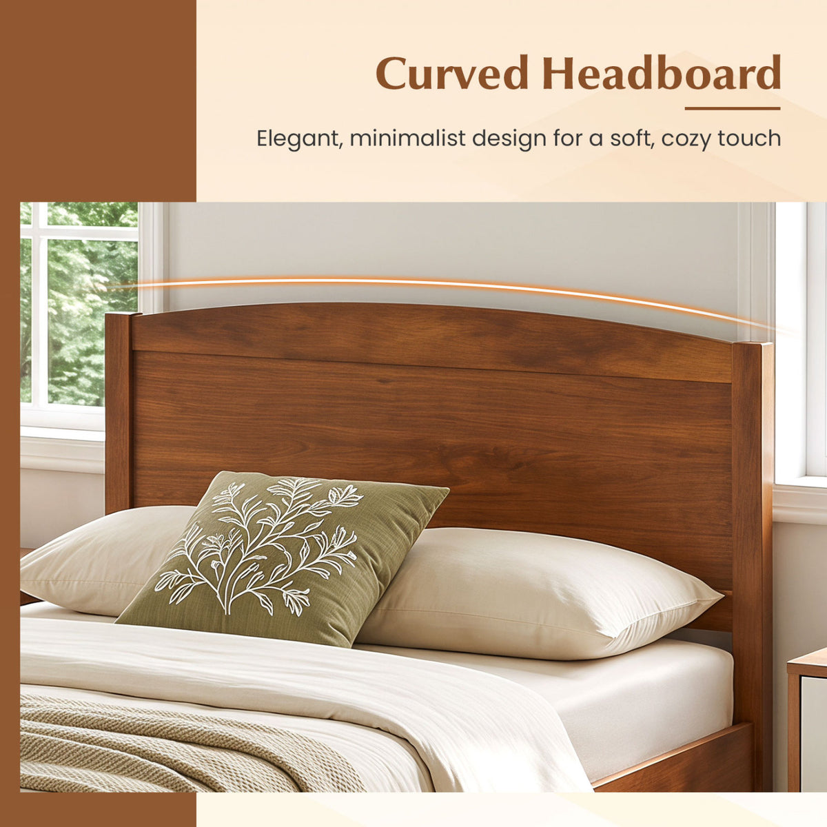 Twin Size Wooden Platform Bed Frame with Curved Headboard