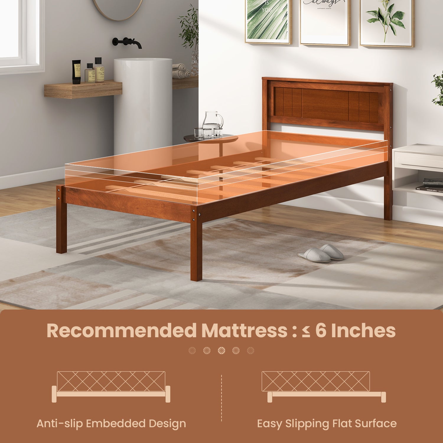 Twin/Full/Queen Size Bed Frame with Wooden Headboard and Slat Support